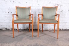 Baker Furniture Neoclassical Solid Maple Armchairs with Silk Upholstery, Pair