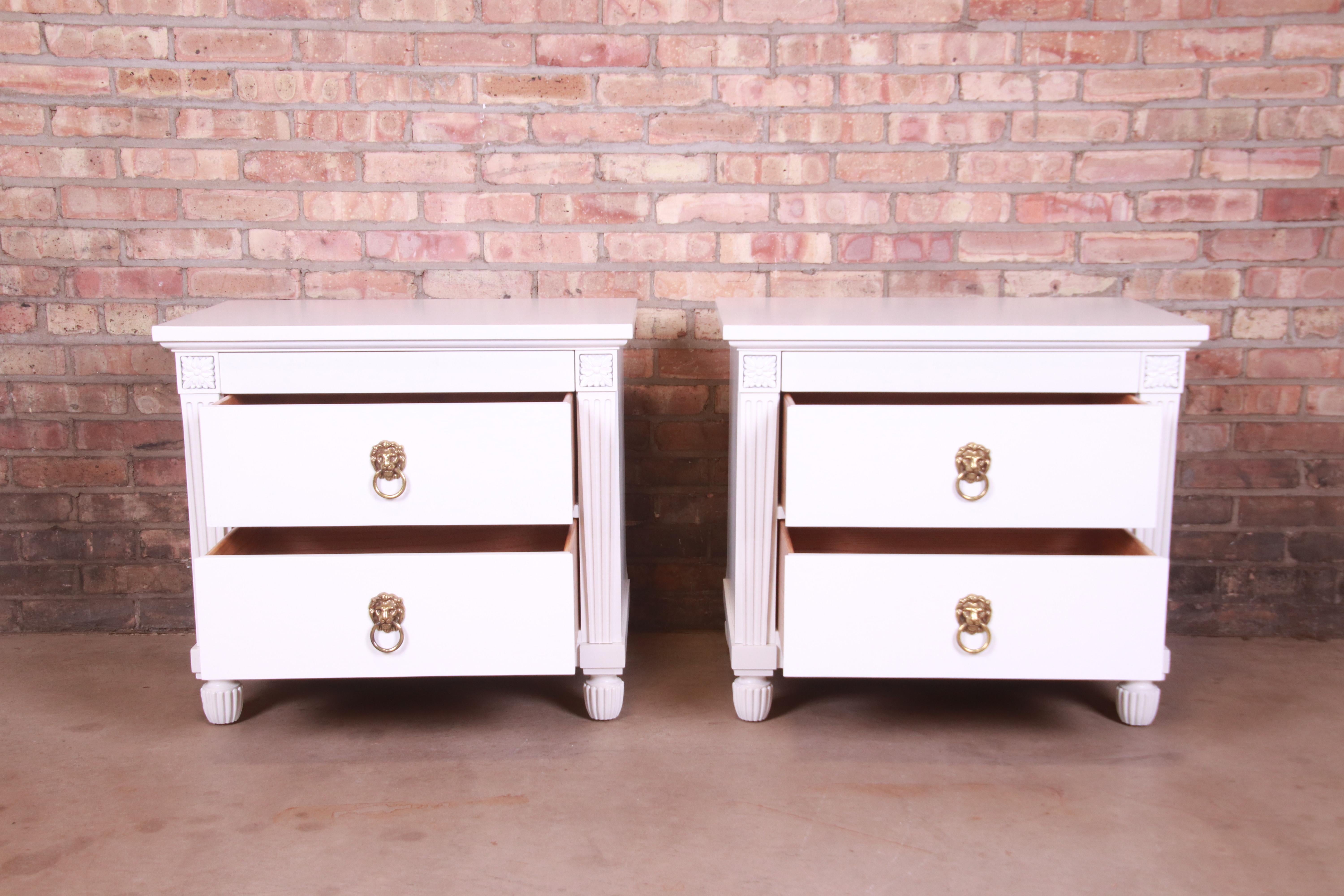 Baker Furniture Neoclassical White Lacquered Nightstands, Newly Refinished For Sale 4