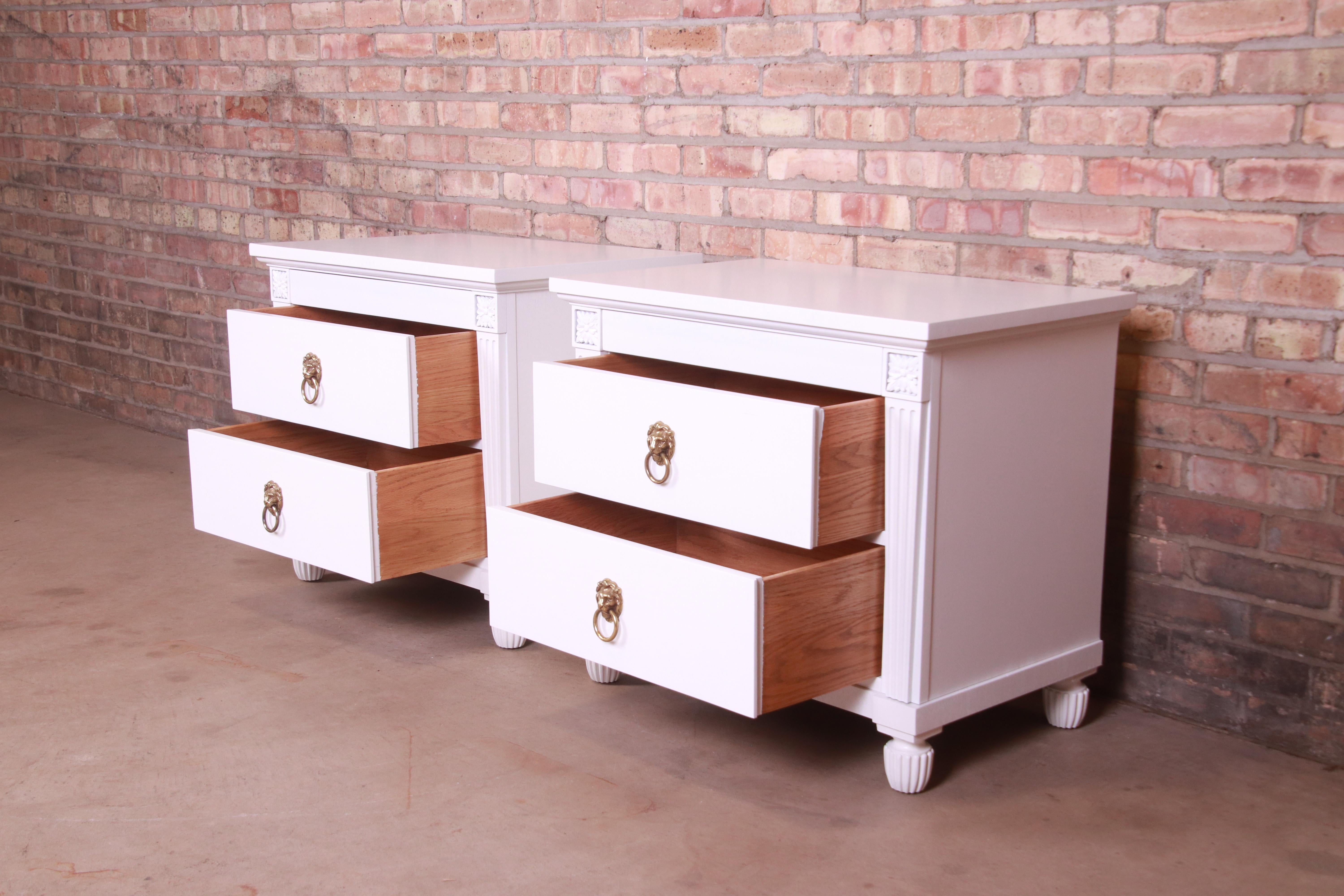 Baker Furniture Neoclassical White Lacquered Nightstands, Newly Refinished For Sale 5