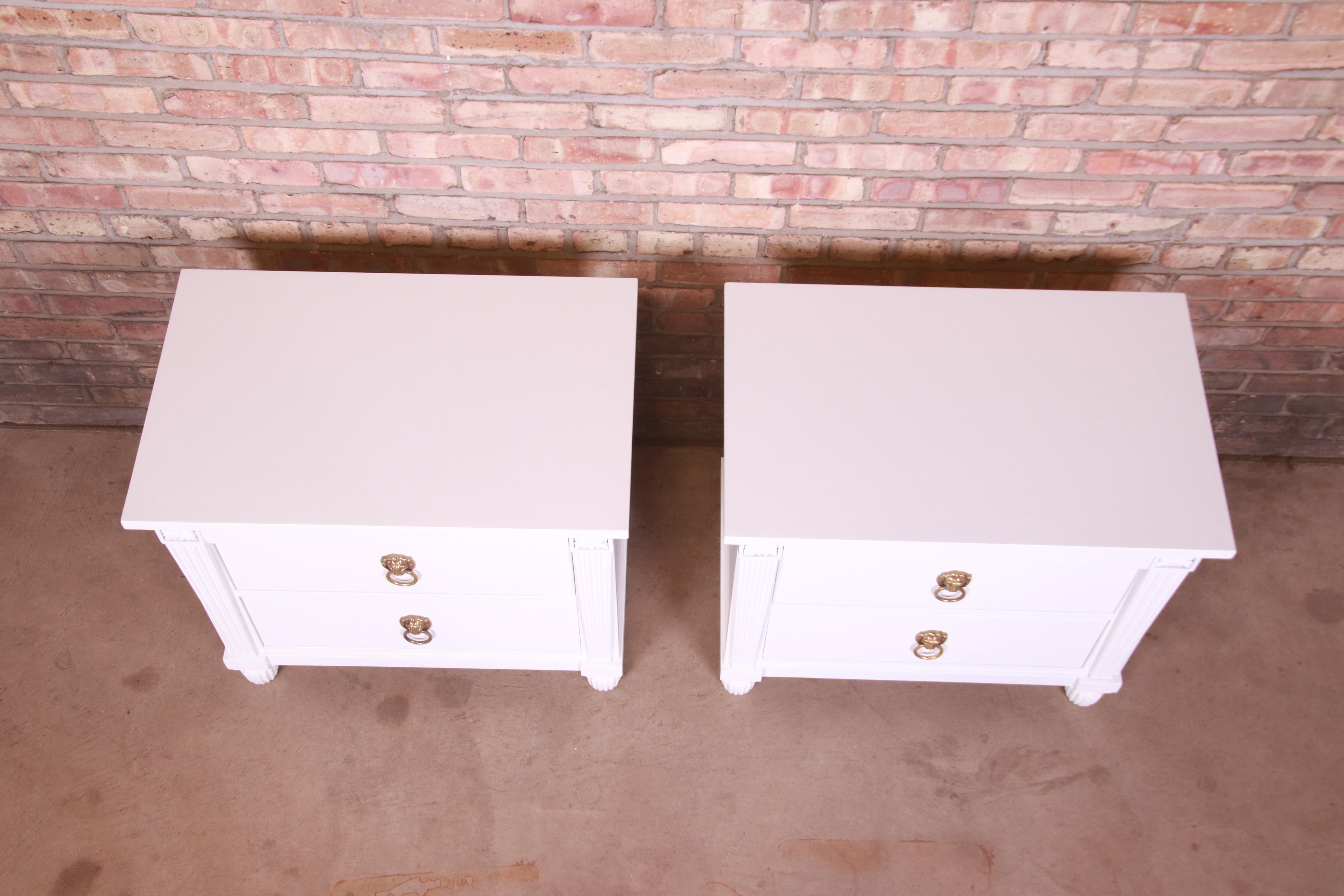 Baker Furniture Neoclassical White Lacquered Nightstands, Newly Refinished For Sale 6