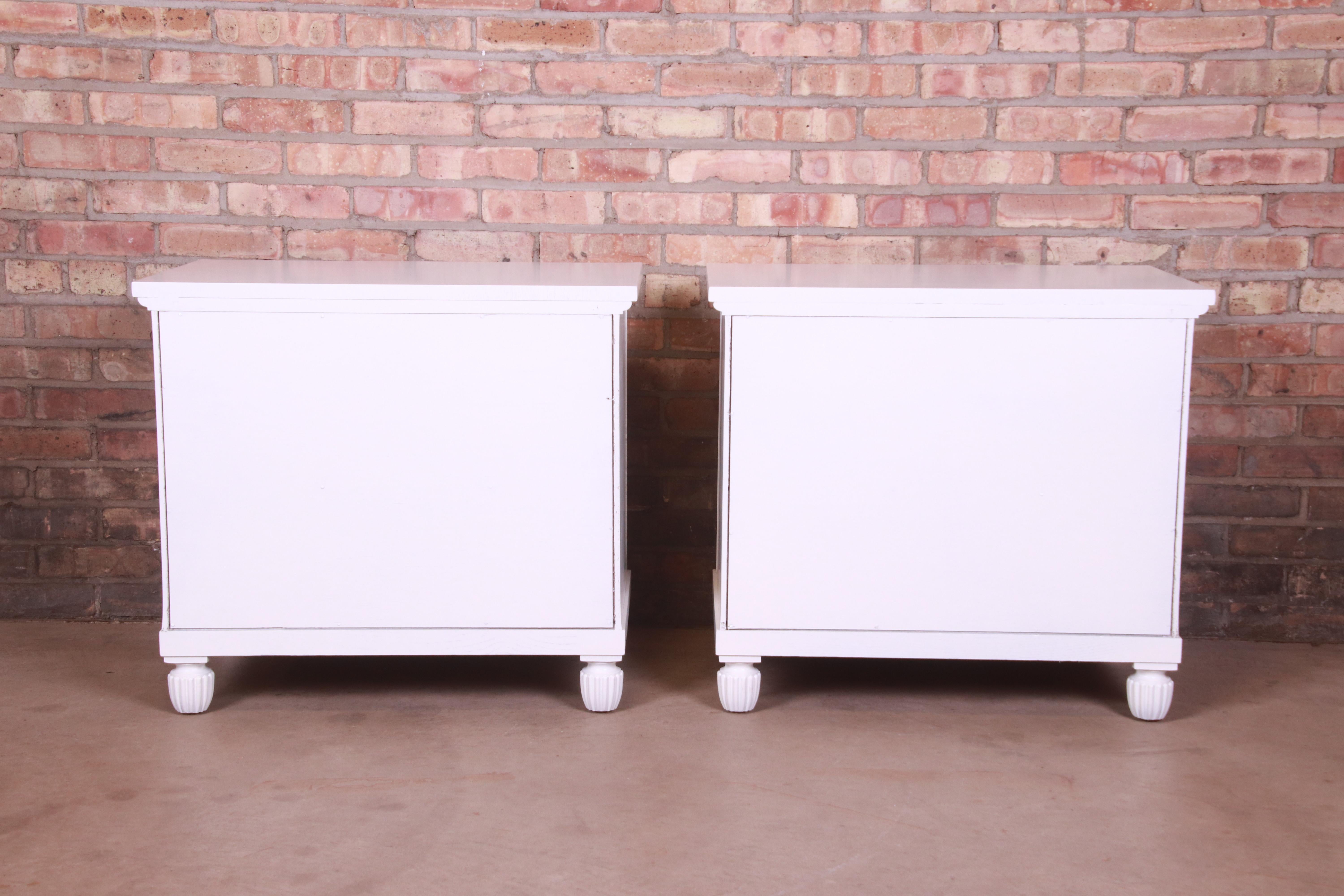 Baker Furniture Neoclassical White Lacquered Nightstands, Newly Refinished For Sale 9