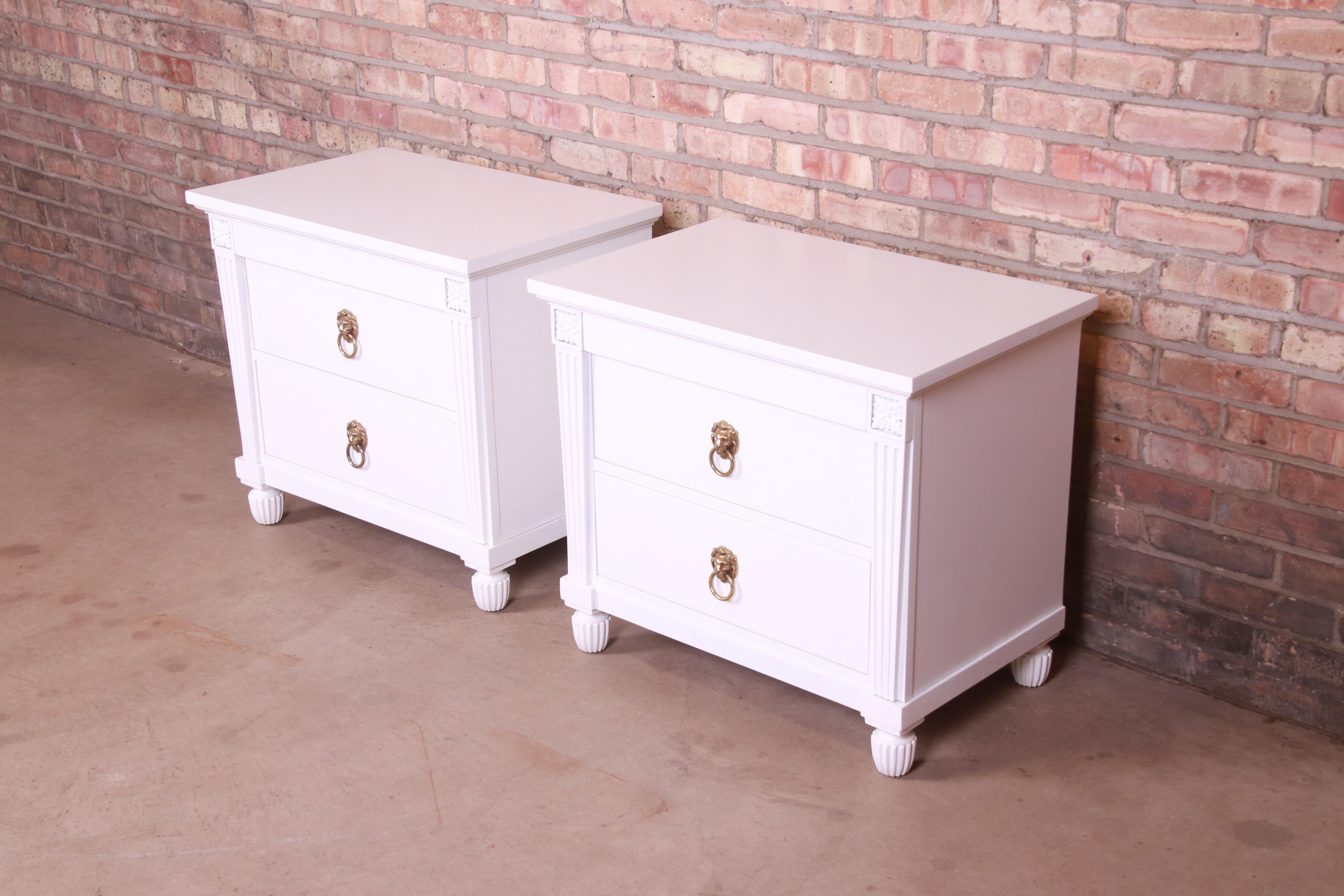 American Baker Furniture Neoclassical White Lacquered Nightstands, Newly Refinished For Sale