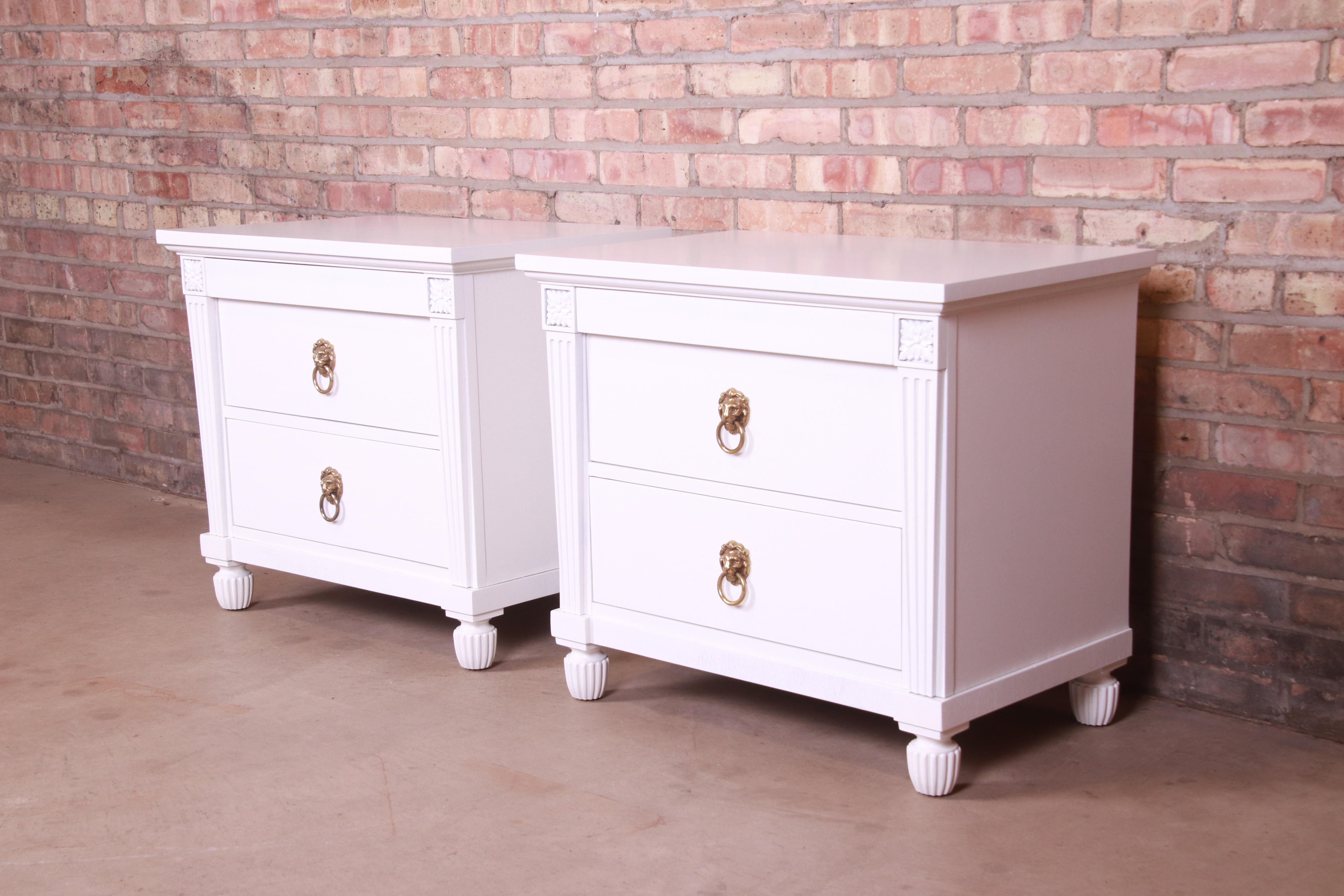 Baker Furniture Neoclassical White Lacquered Nightstands, Newly Refinished In Good Condition For Sale In South Bend, IN