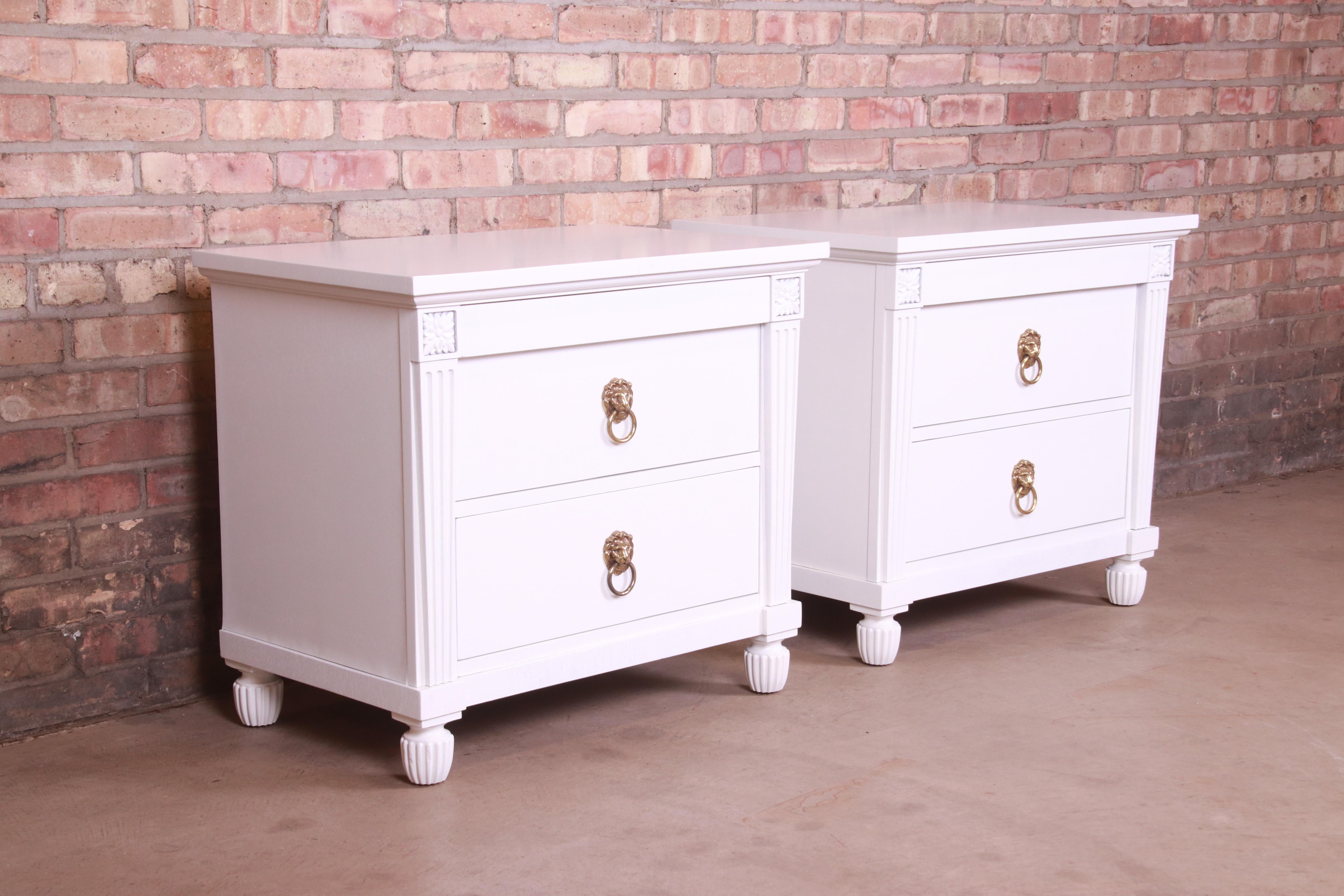 Brass Baker Furniture Neoclassical White Lacquered Nightstands, Newly Refinished For Sale
