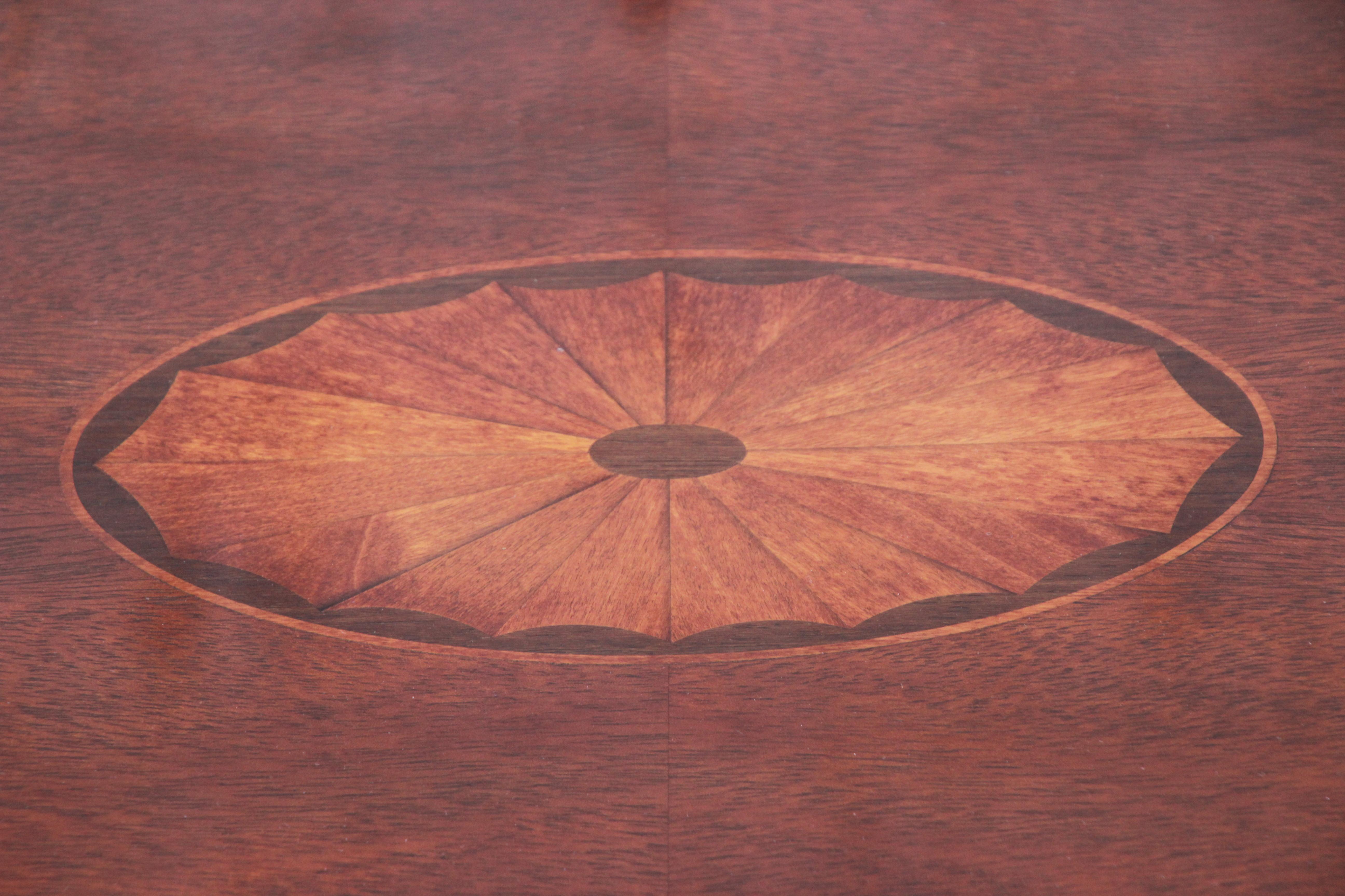 Baker Furniture Oval Inlaid Mahogany and Satinwood Marquetry Cocktail Table 4