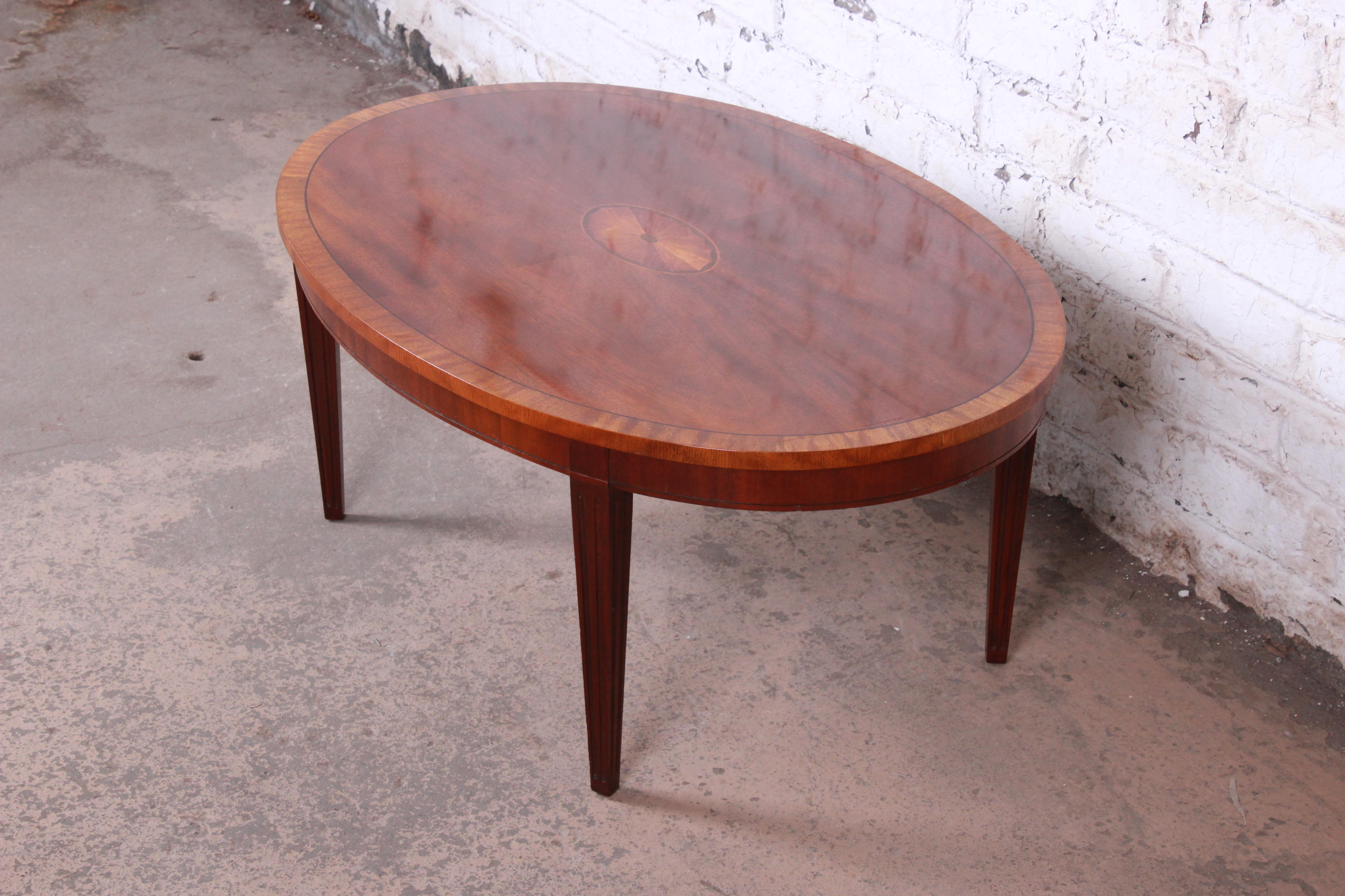 Georgian Baker Furniture Oval Inlaid Mahogany and Satinwood Marquetry Cocktail Table