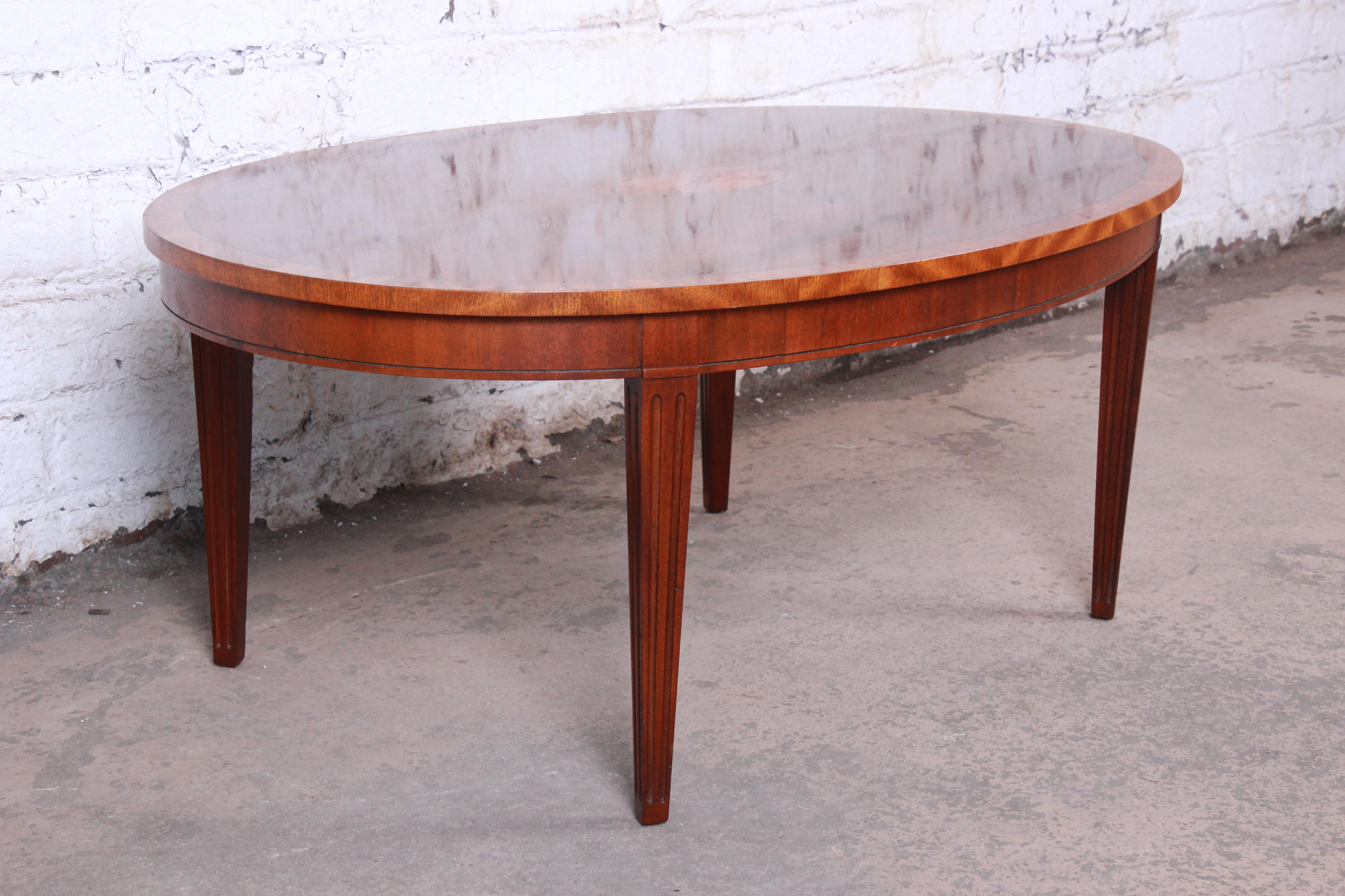 Baker Furniture Oval Inlaid Mahogany and Satinwood Marquetry Cocktail Table In Good Condition In South Bend, IN