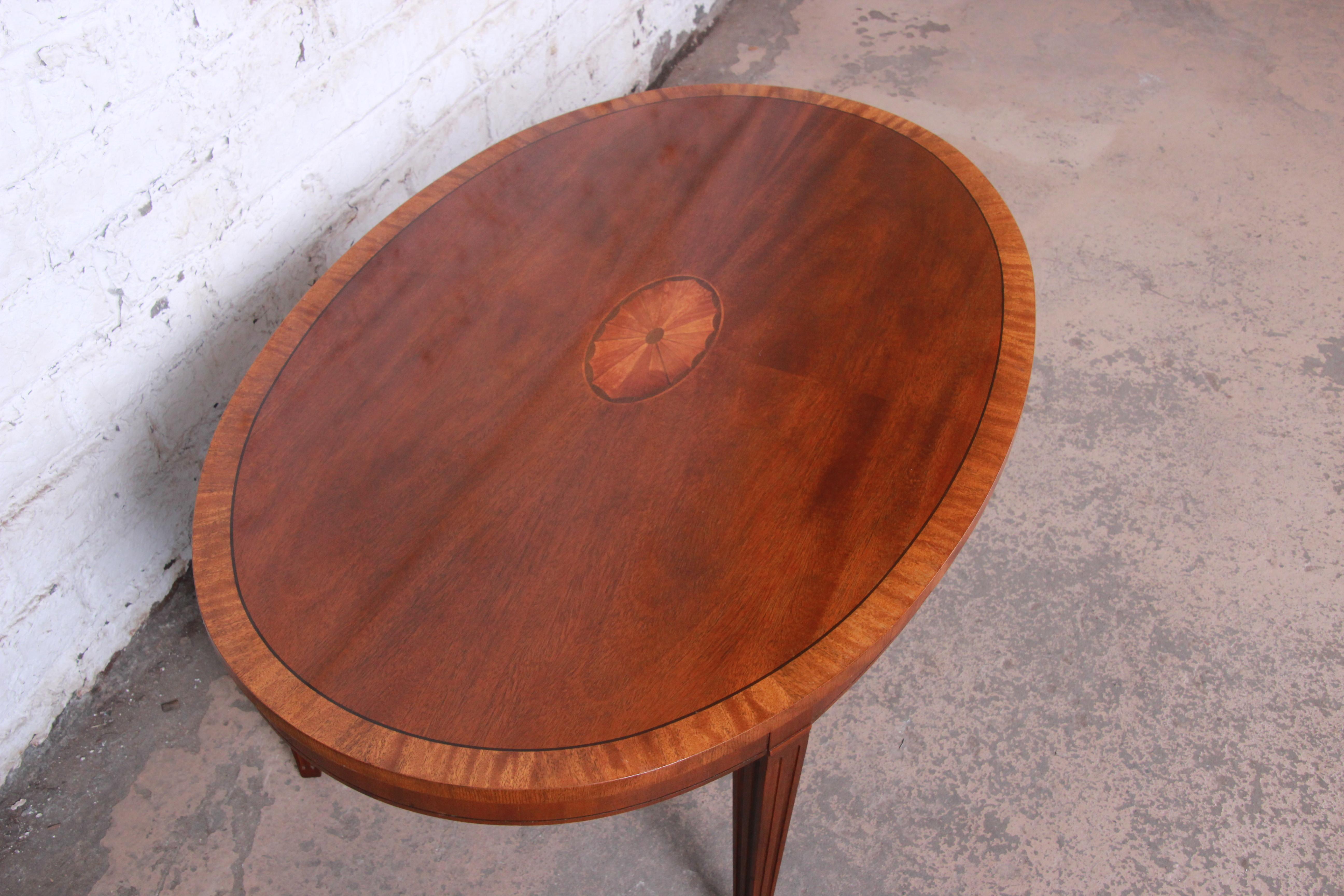 Baker Furniture Oval Inlaid Mahogany and Satinwood Marquetry Cocktail Table 1