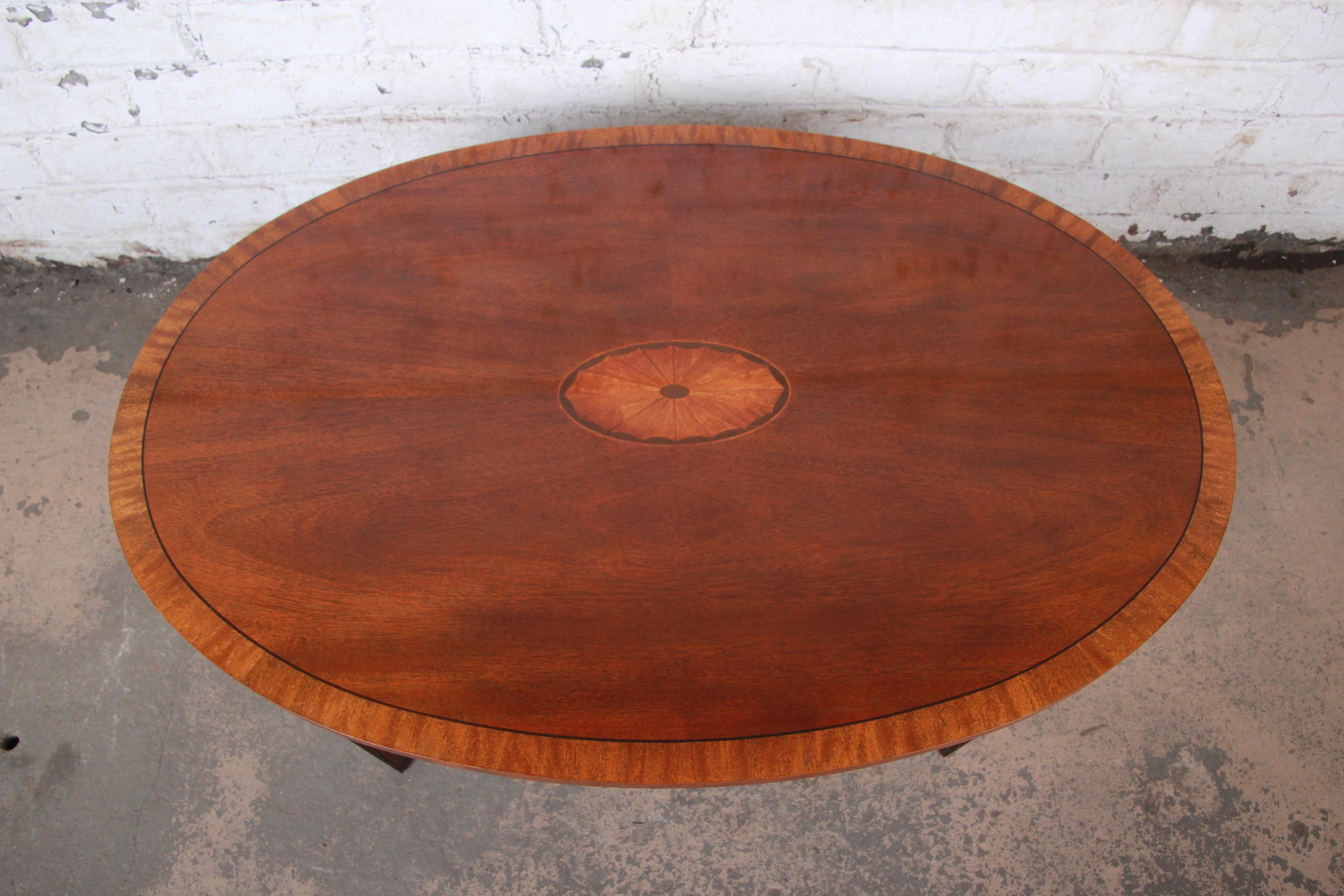 Baker Furniture Oval Inlaid Mahogany and Satinwood Marquetry Cocktail Table 2