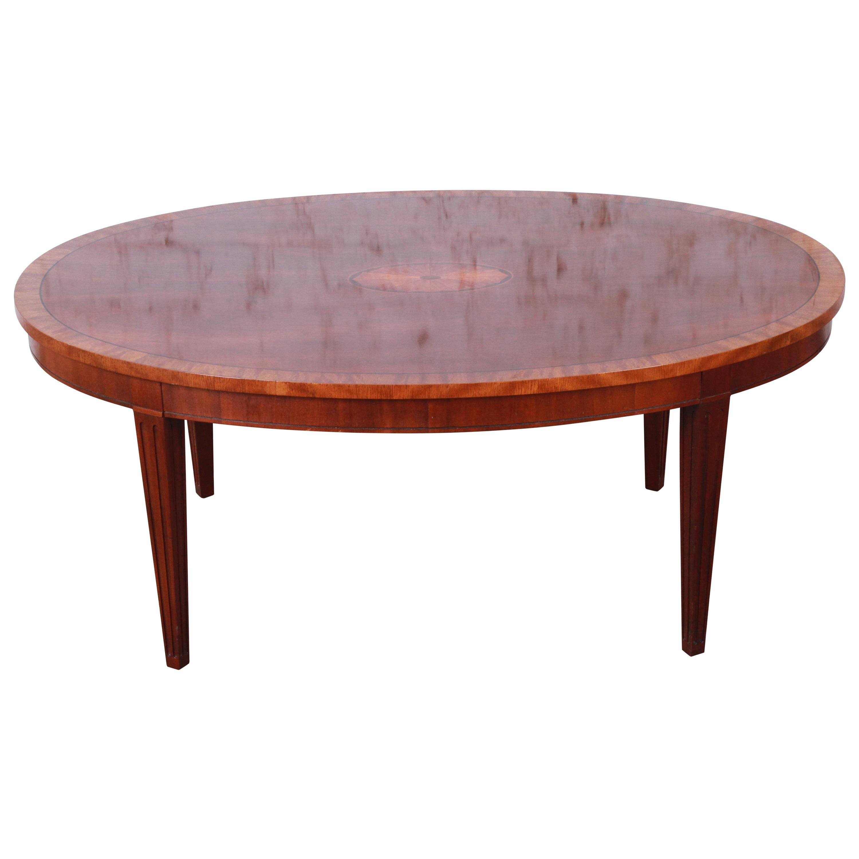Baker Furniture Oval Inlaid Mahogany and Satinwood Marquetry Cocktail Table