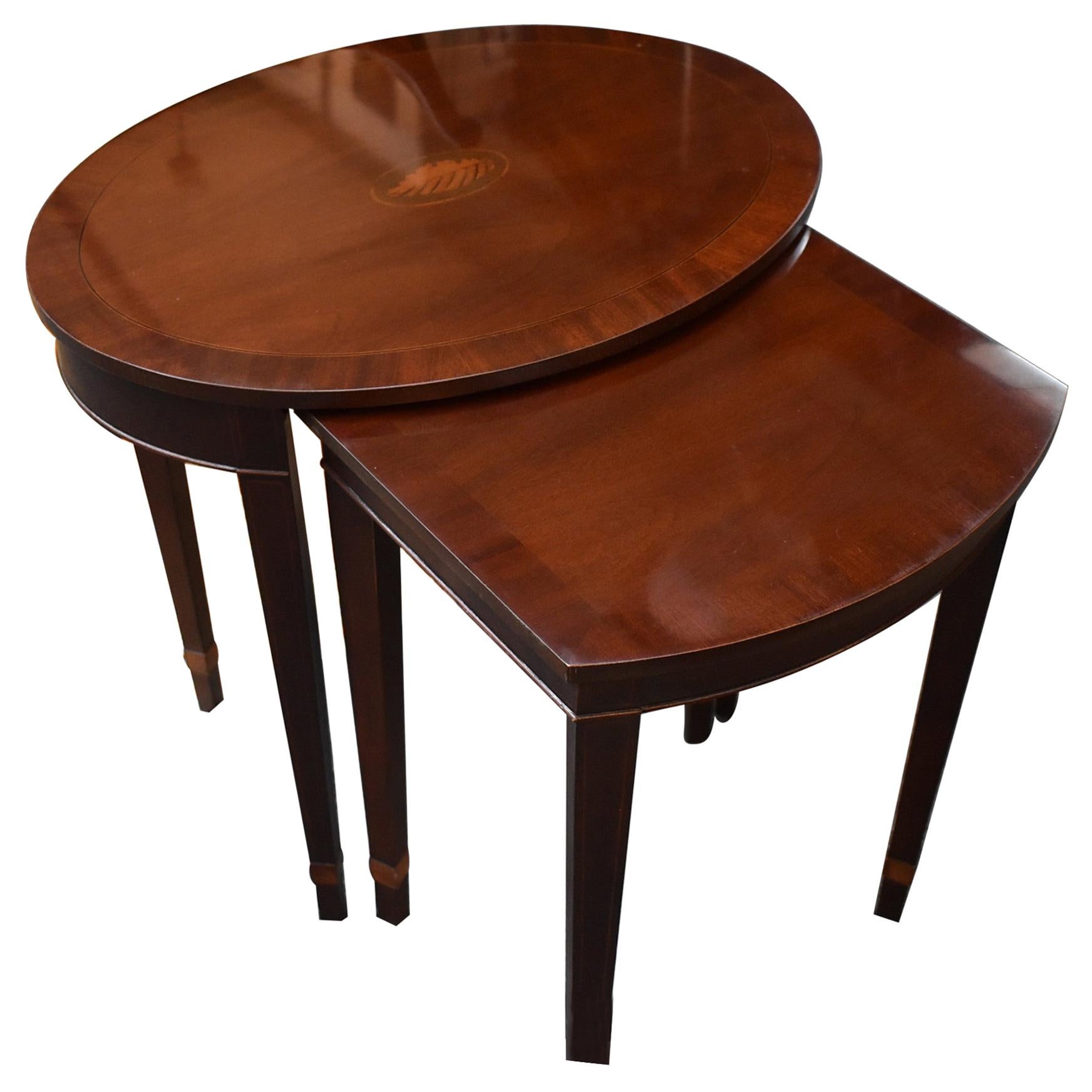 Baker Furniture Oval Nesting Tables Mahogany & Fruitwood Inlay