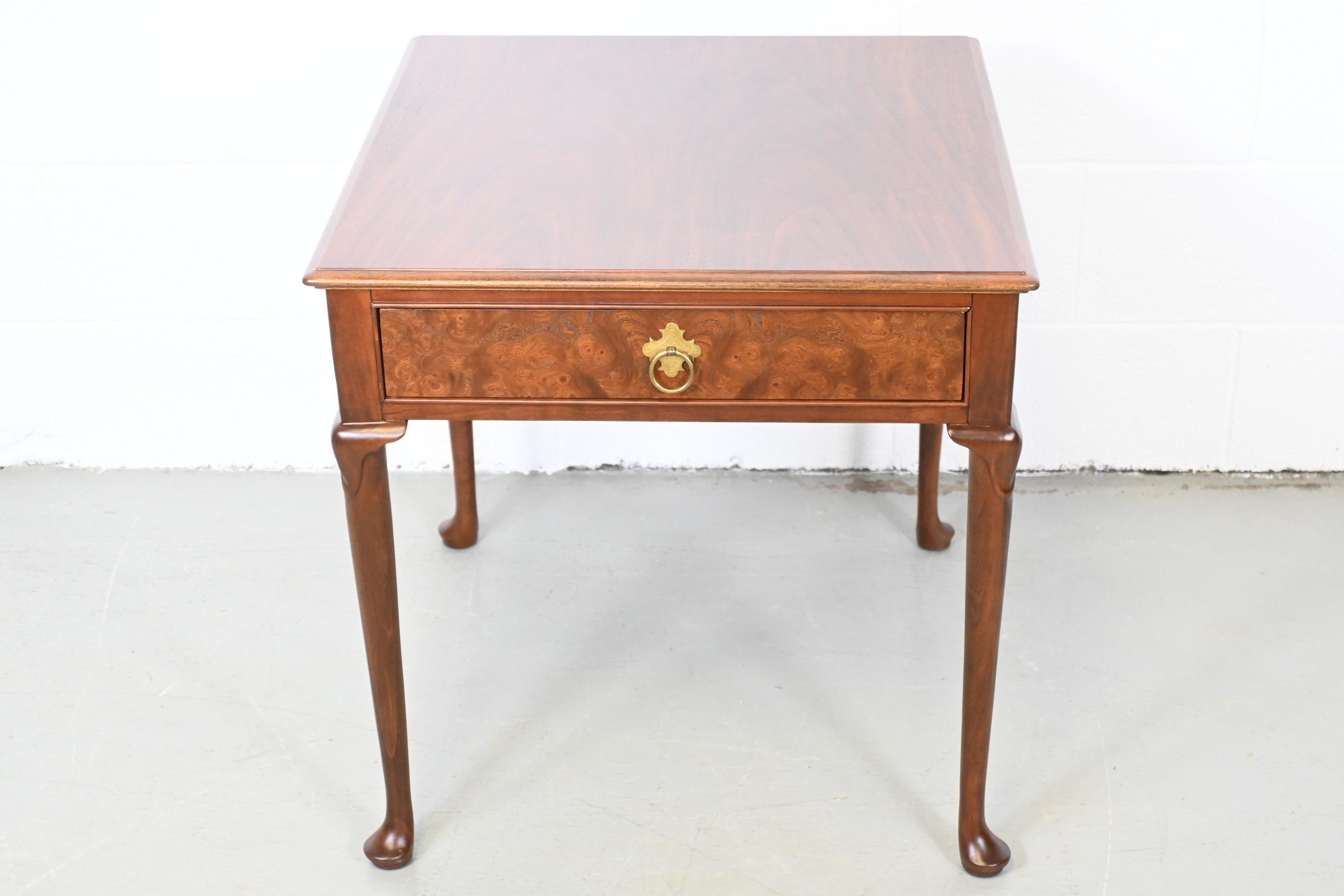 Late 20th Century Baker Furniture Queen Anne Burl Wood Side Table For Sale