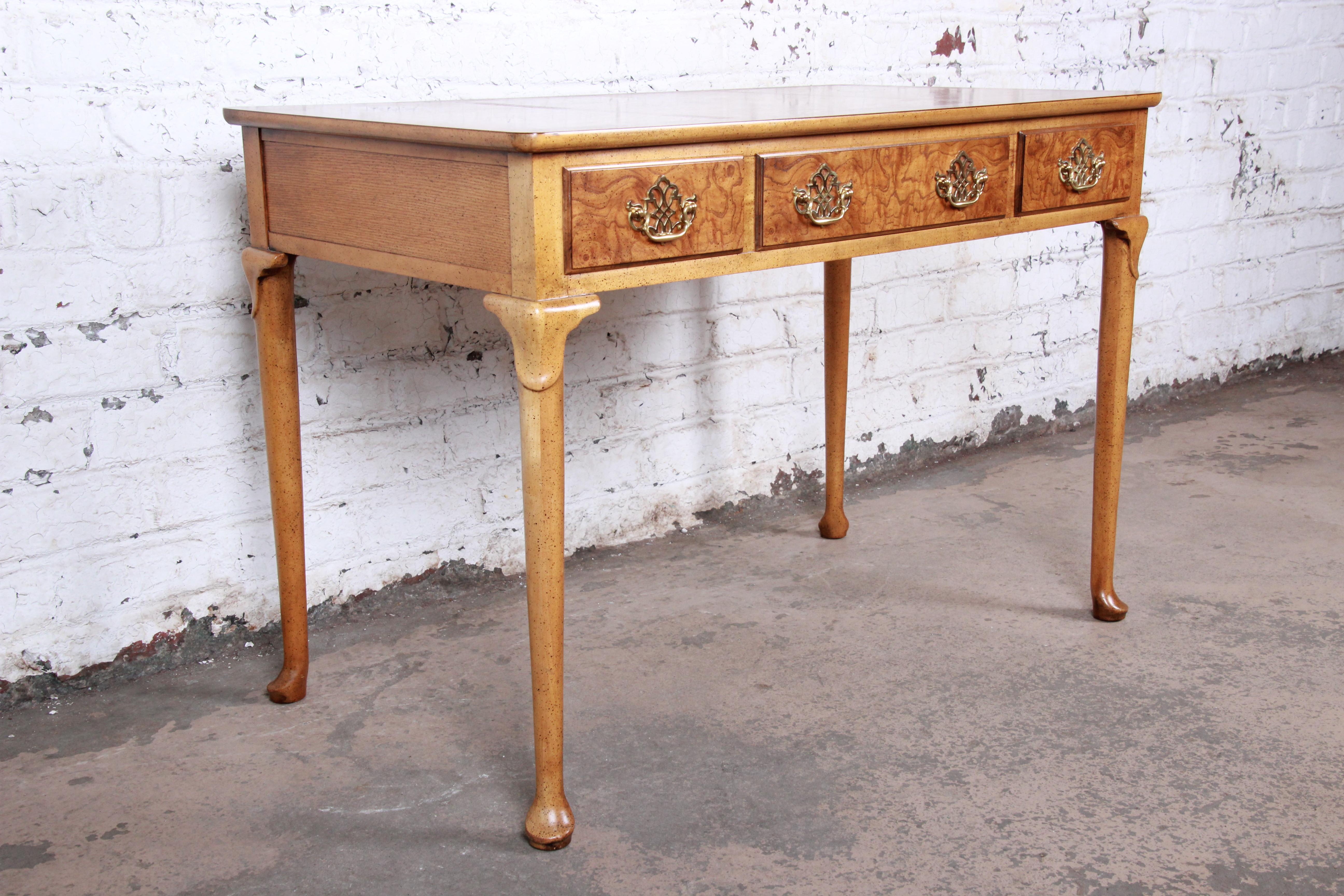 Brass Baker Furniture Queen Anne Burl Wood Writing Desk