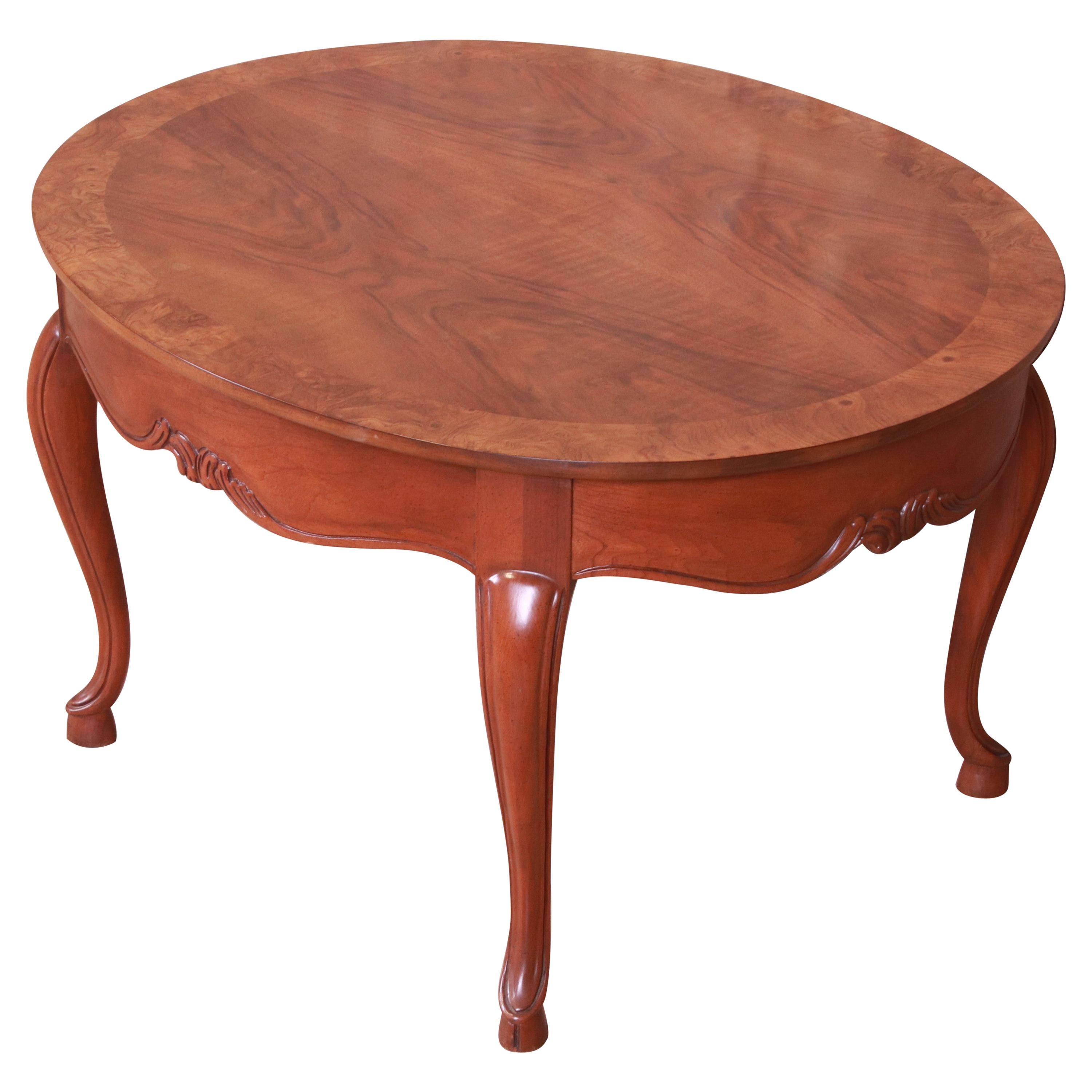 Baker Furniture Queen Anne Burled Walnut and Cherry Wood Coffee Table For Sale