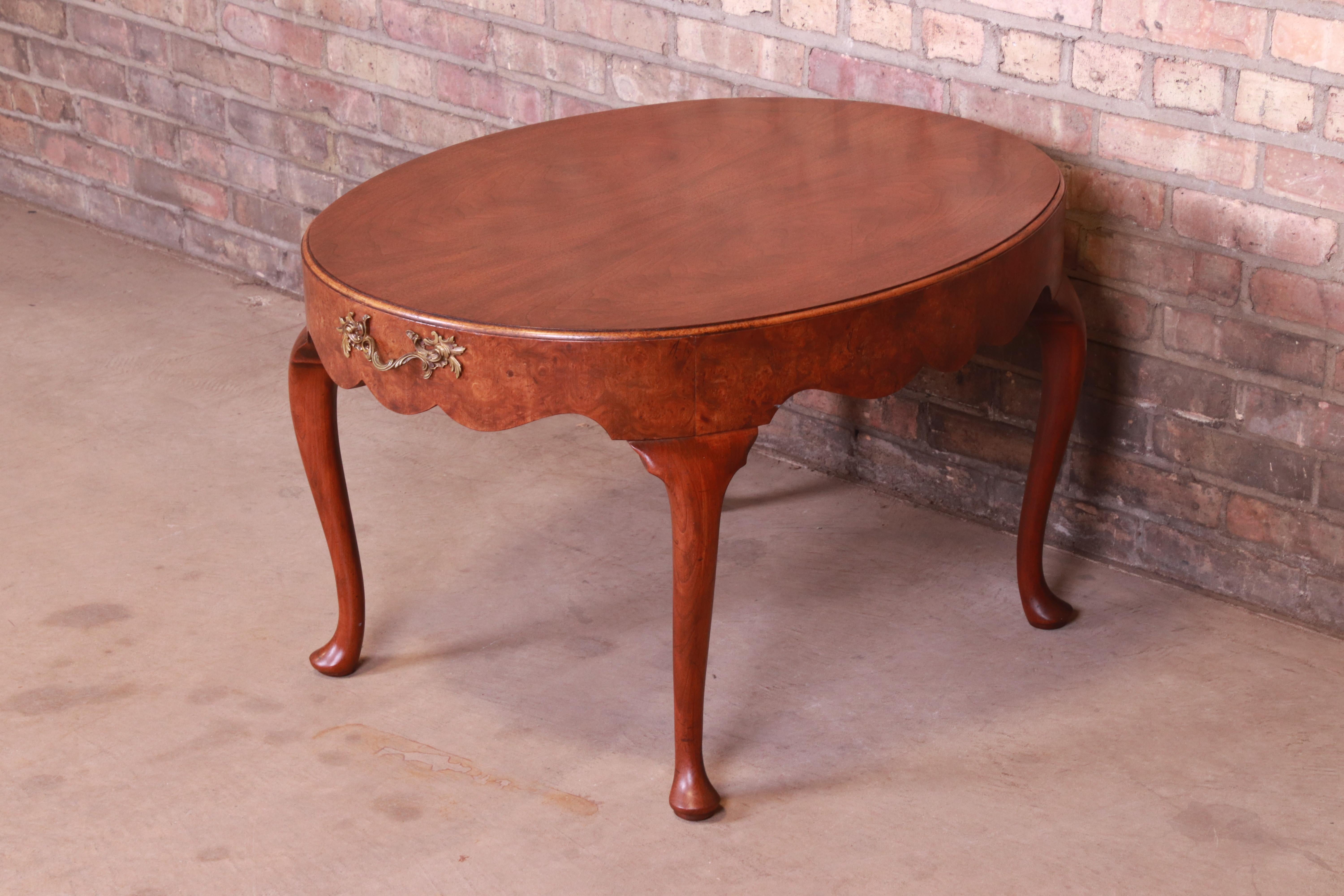Baker Furniture Queen Anne Burled Walnut Coffee Table In Good Condition For Sale In South Bend, IN