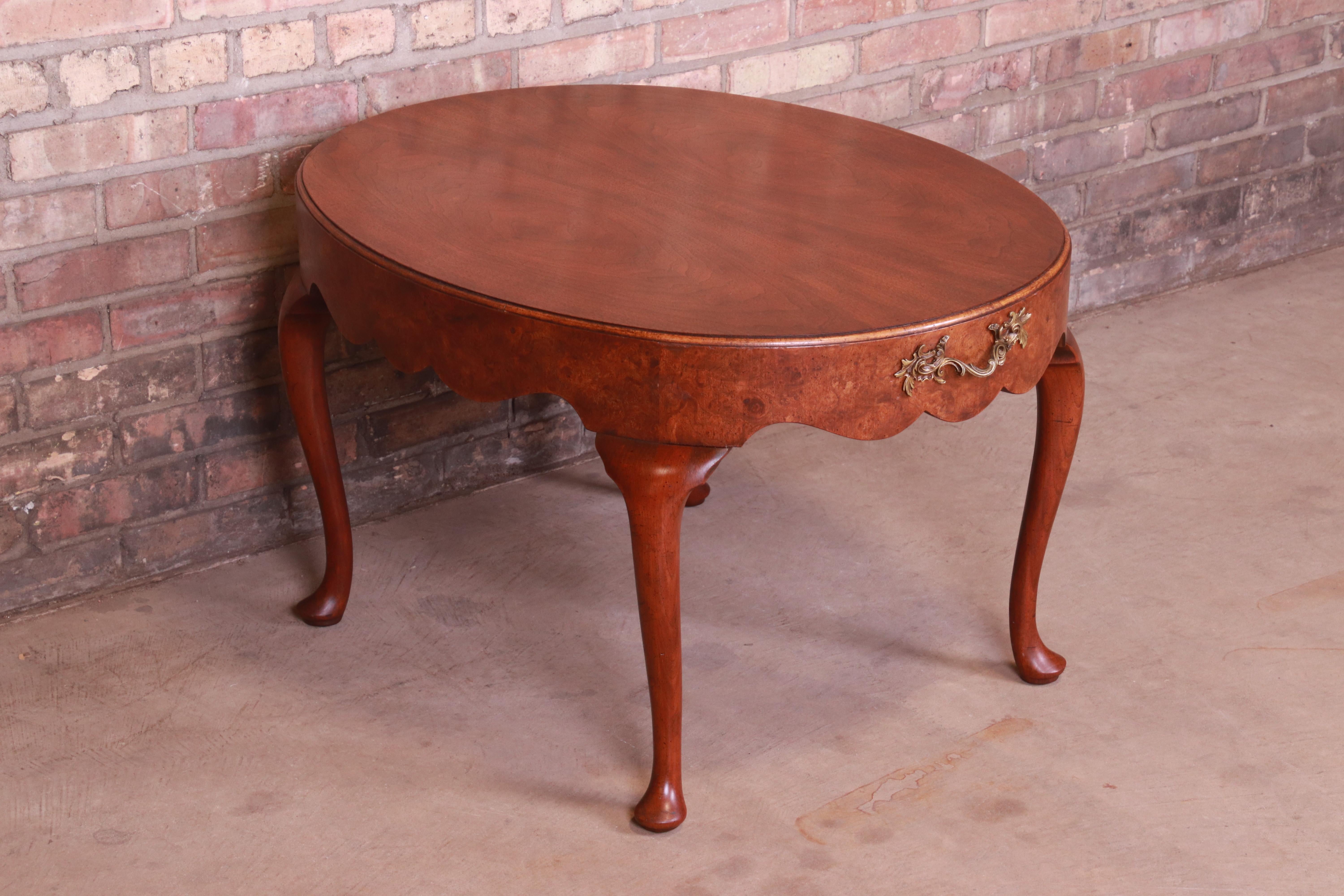 20th Century Baker Furniture Queen Anne Burled Walnut Coffee Table For Sale