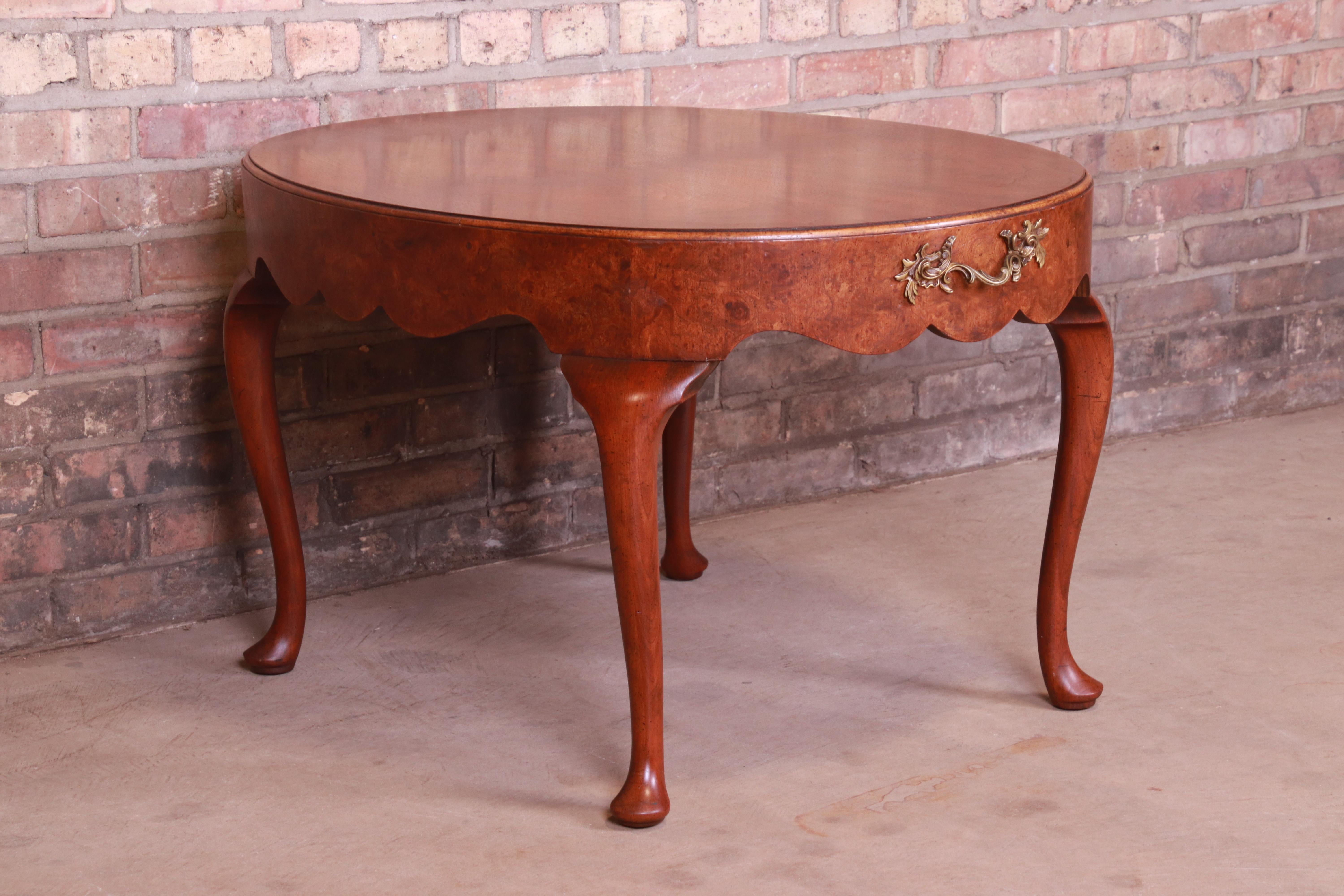 Brass Baker Furniture Queen Anne Burled Walnut Coffee Table For Sale