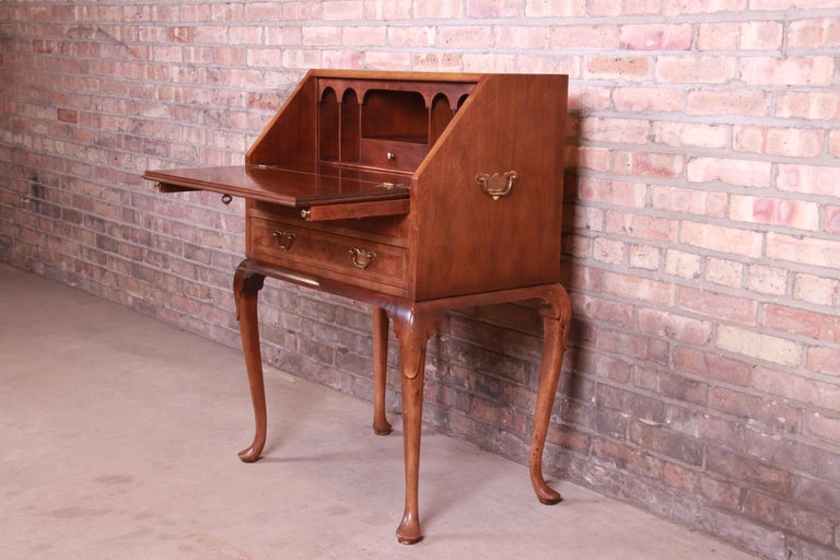 Baker Furniture Queen Anne Burled Walnut Drop Front Secretary Desk at ...