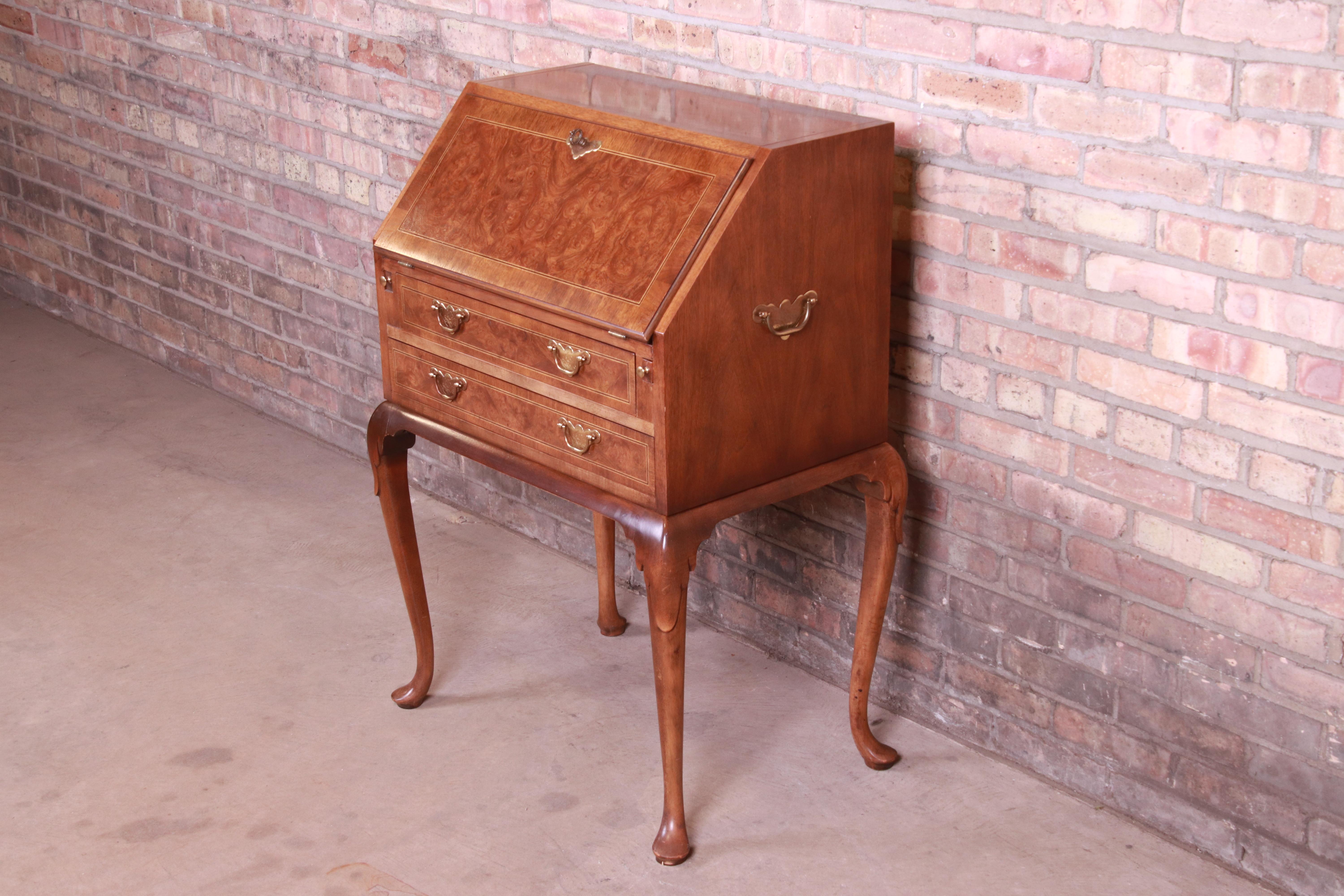 American Baker Furniture Queen Anne Burled Walnut Drop Front Secretary Desk