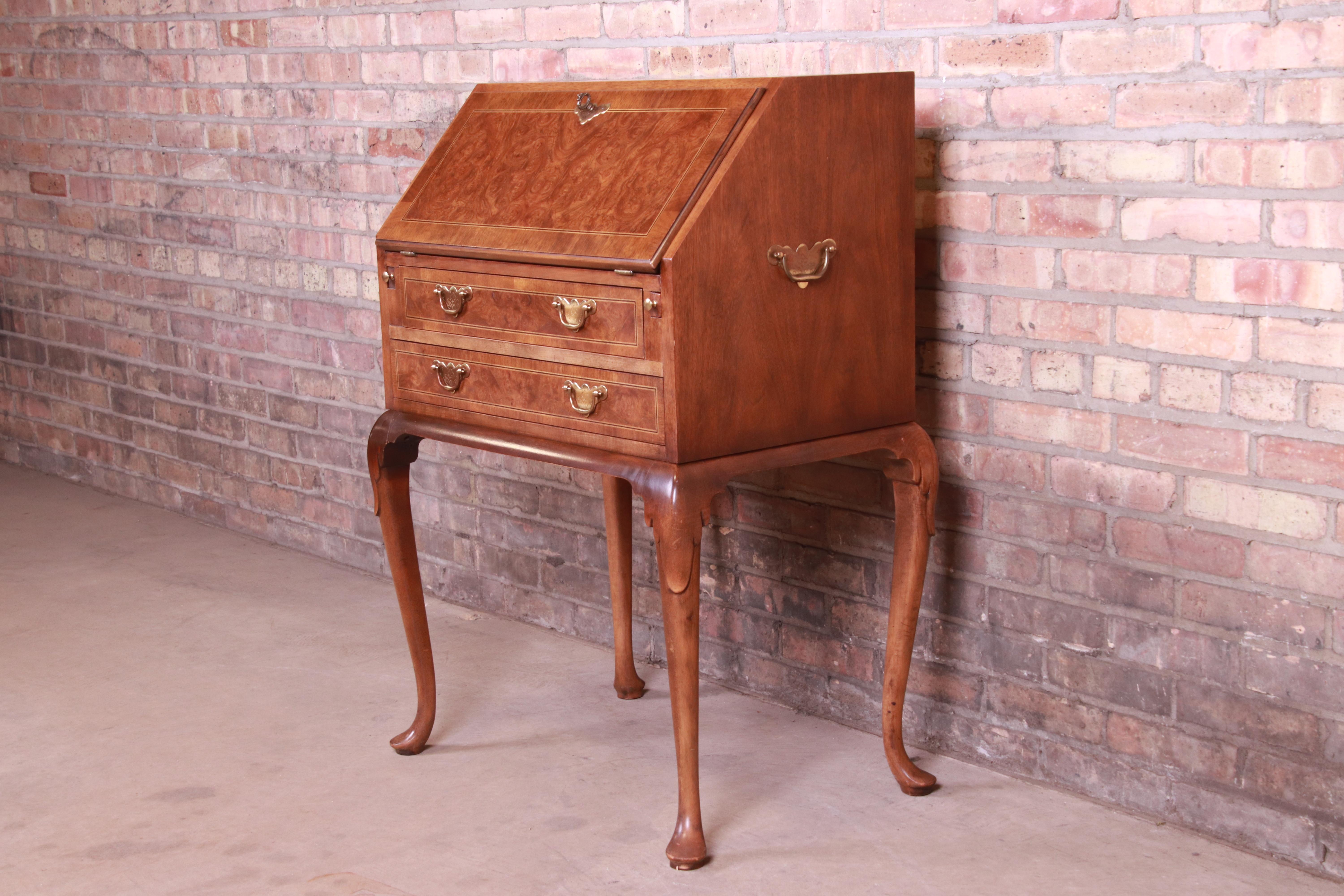 Baker Furniture Queen Anne Burled Walnut Drop Front Secretary Desk In Good Condition In South Bend, IN