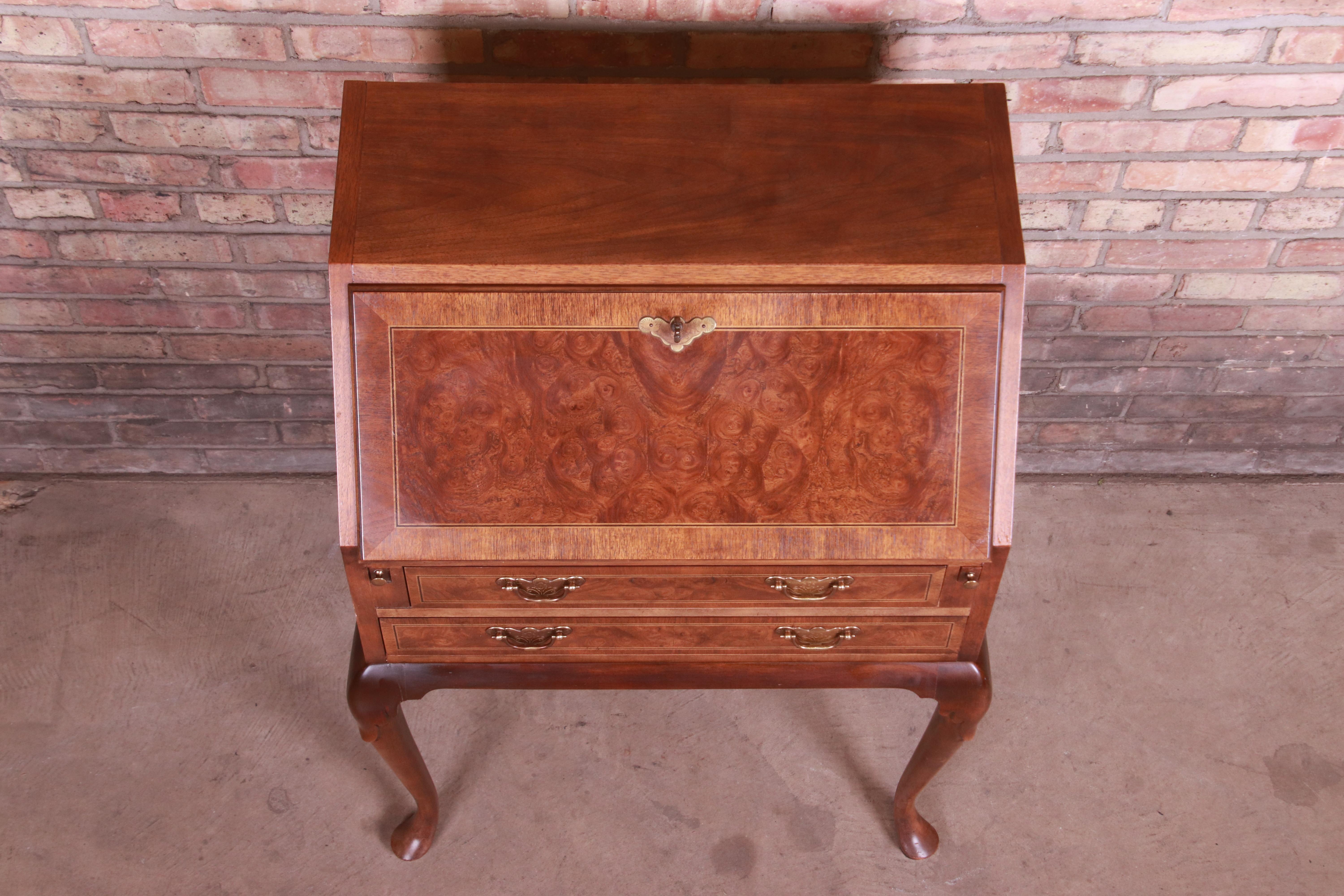 20th Century Baker Furniture Queen Anne Burled Walnut Drop Front Secretary Desk