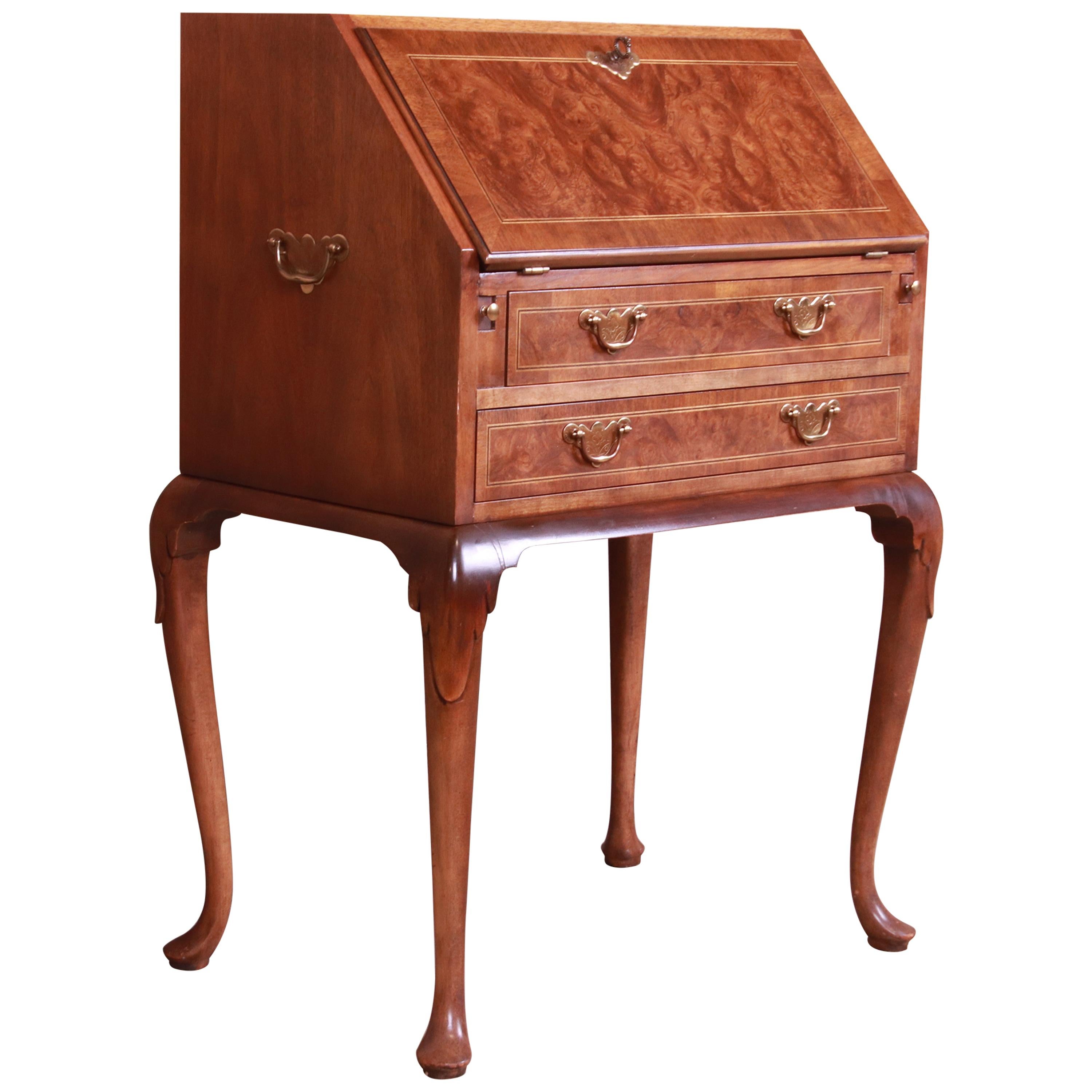 Baker Furniture Queen Anne Burled Walnut Drop Front Secretary Desk