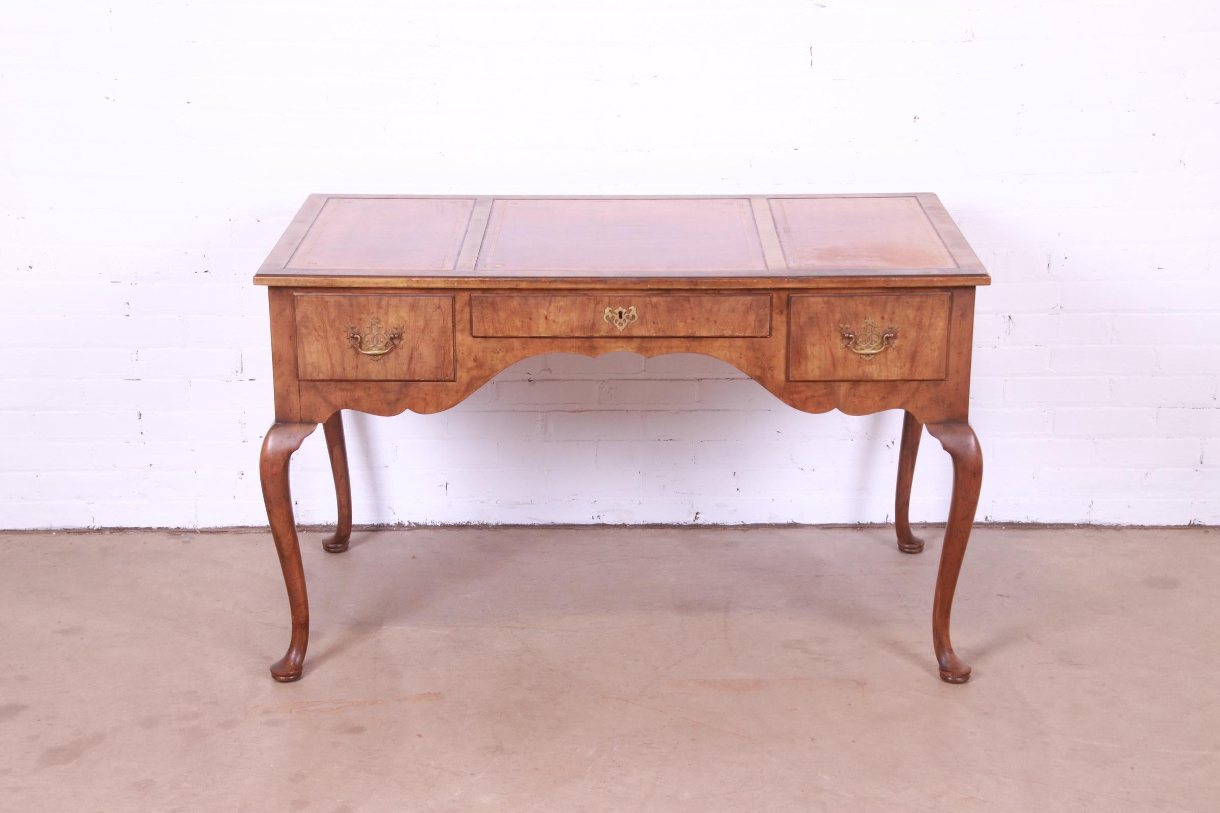 American Baker Furniture Queen Anne Burled Walnut Leather Top Desk