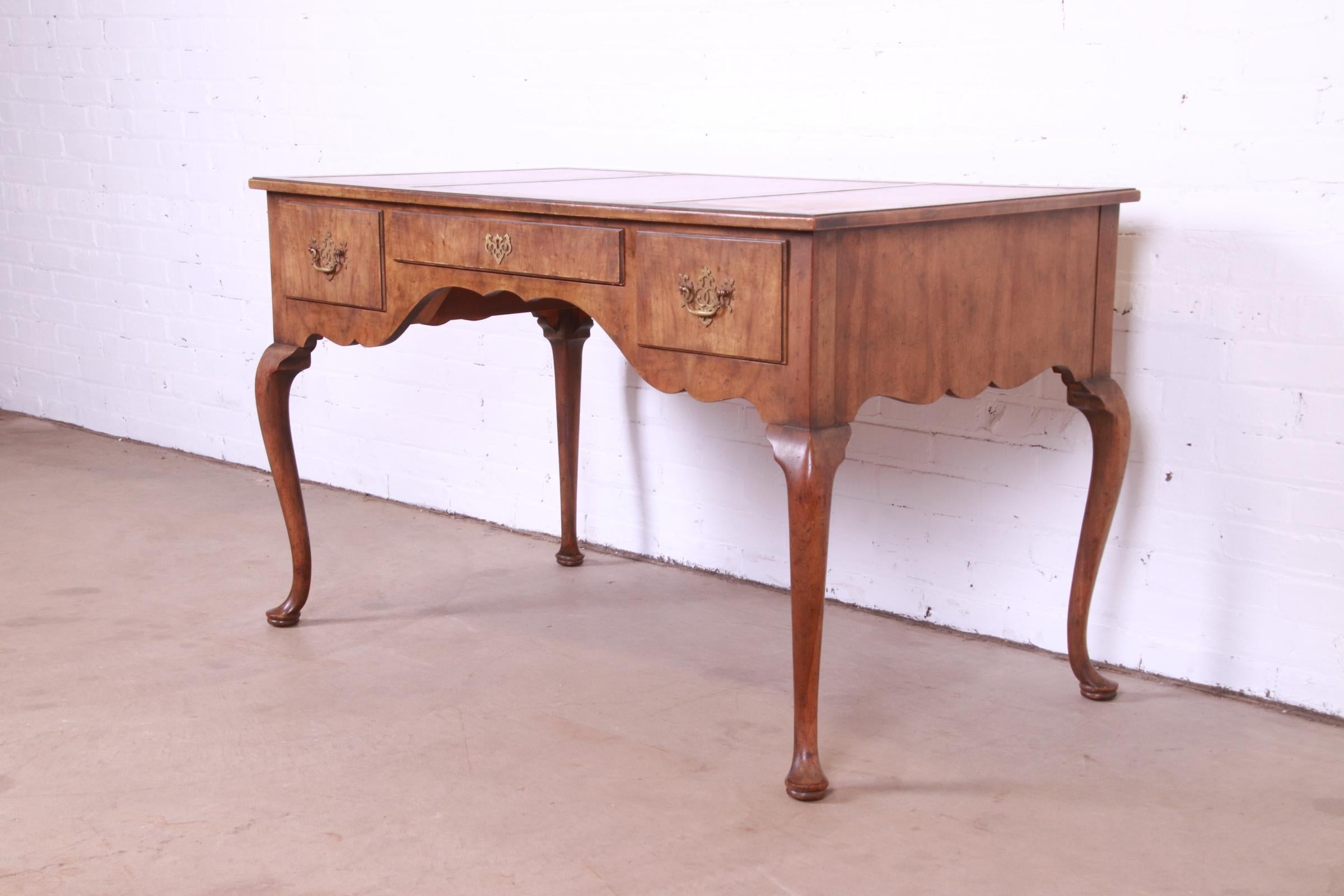 Baker Furniture Queen Anne Burled Walnut Leather Top Desk In Good Condition In South Bend, IN
