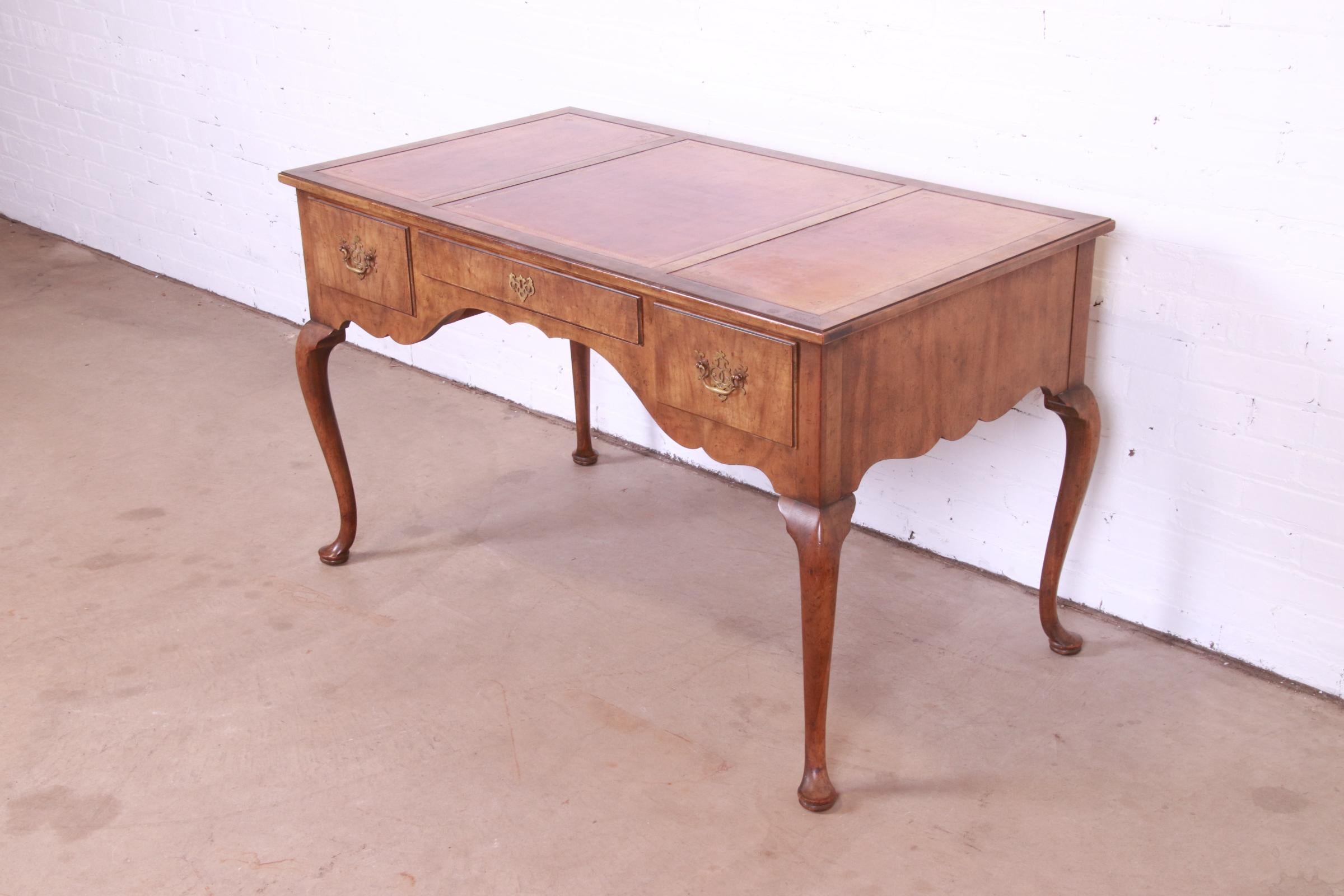 20th Century Baker Furniture Queen Anne Burled Walnut Leather Top Desk