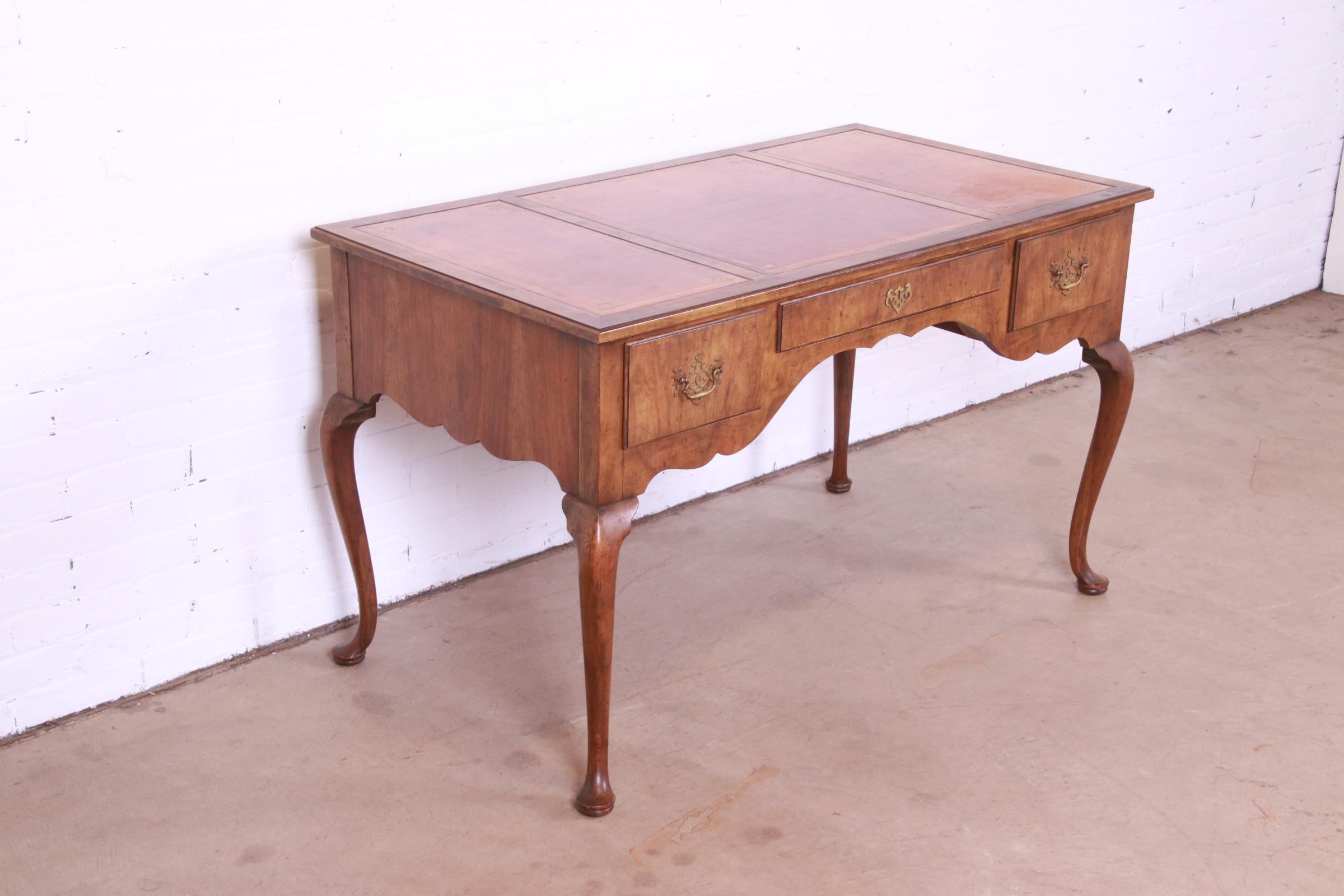 Brass Baker Furniture Queen Anne Burled Walnut Leather Top Desk