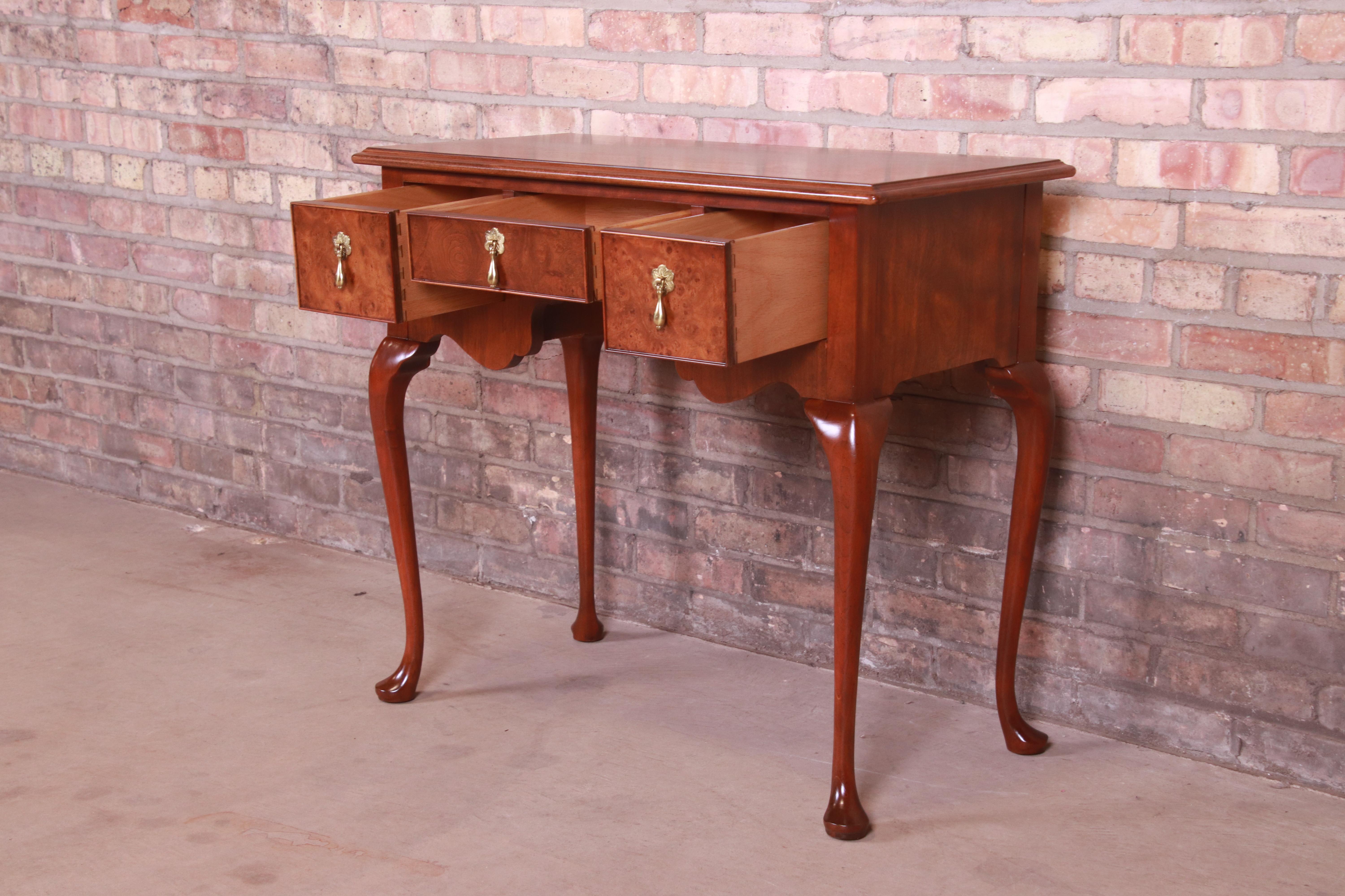 20th Century Baker Furniture Queen Anne Burled Walnut Lowboy Dresser or Console, Refinished For Sale