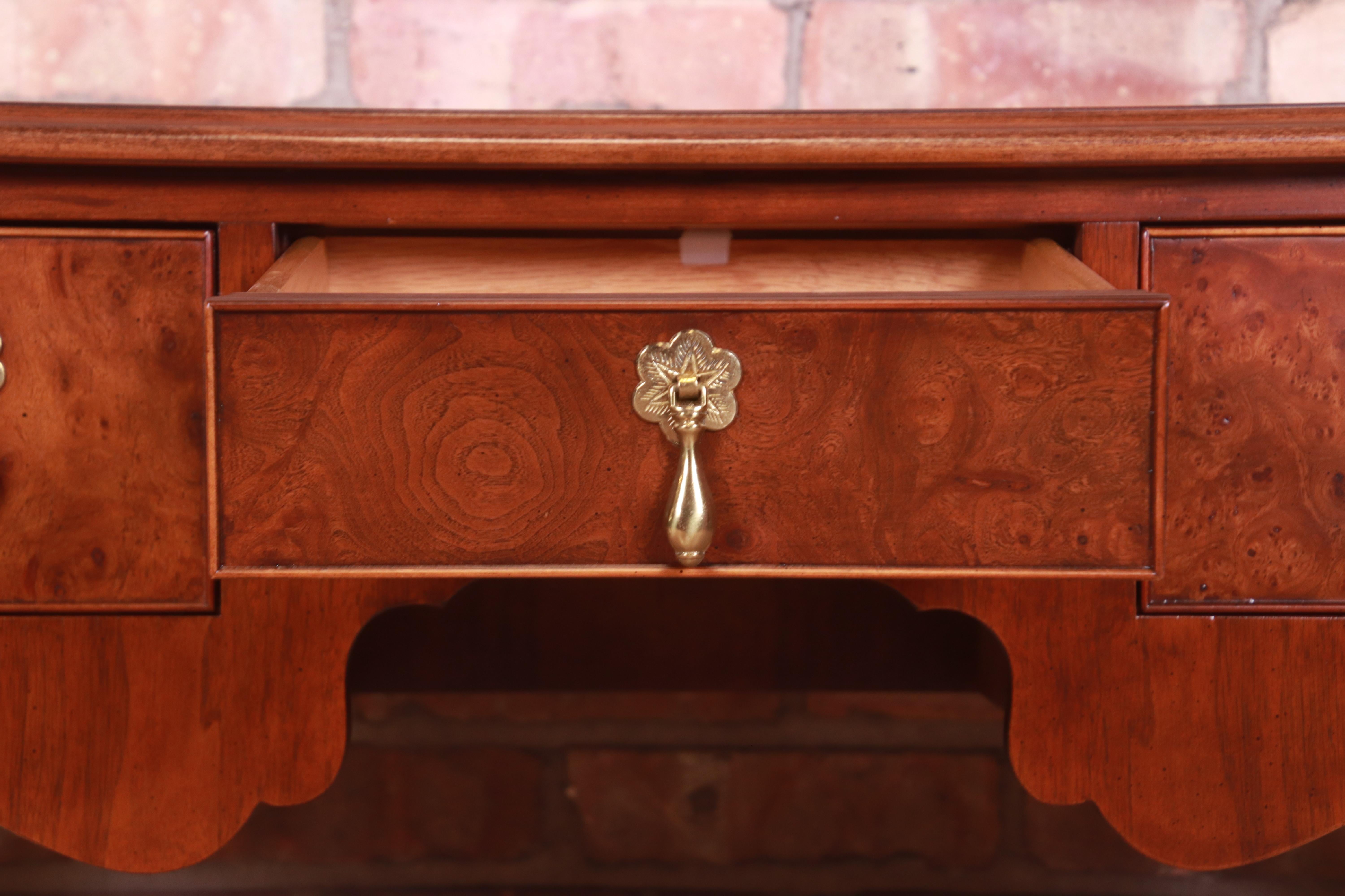 Brass Baker Furniture Queen Anne Burled Walnut Lowboy Dresser or Console, Refinished For Sale