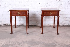 Baker Furniture Queen Anne Burled Walnut Nightstands or End Tables, Pair
