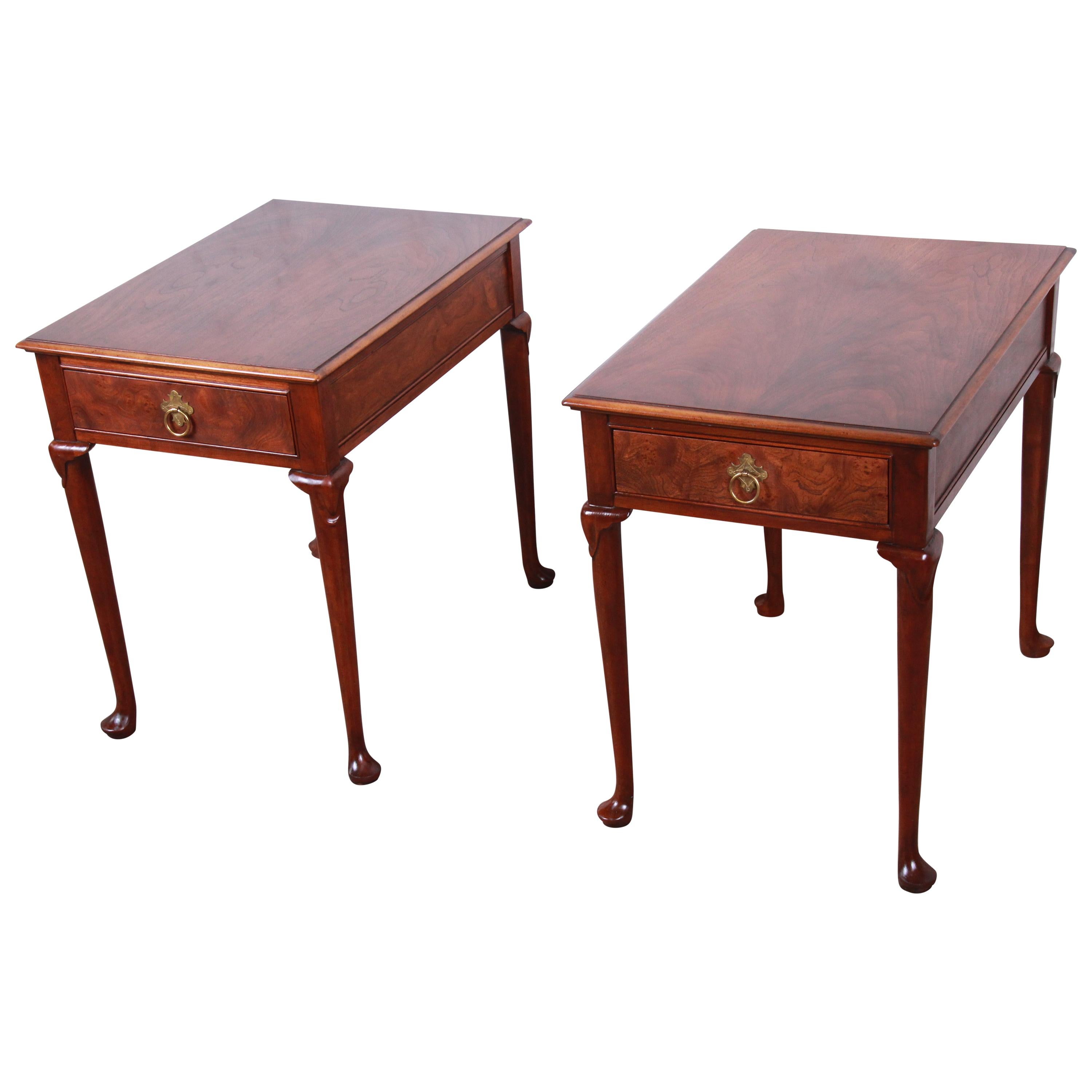 Baker Furniture Queen Anne Burled Walnut Nightstands or End Tables, Pair