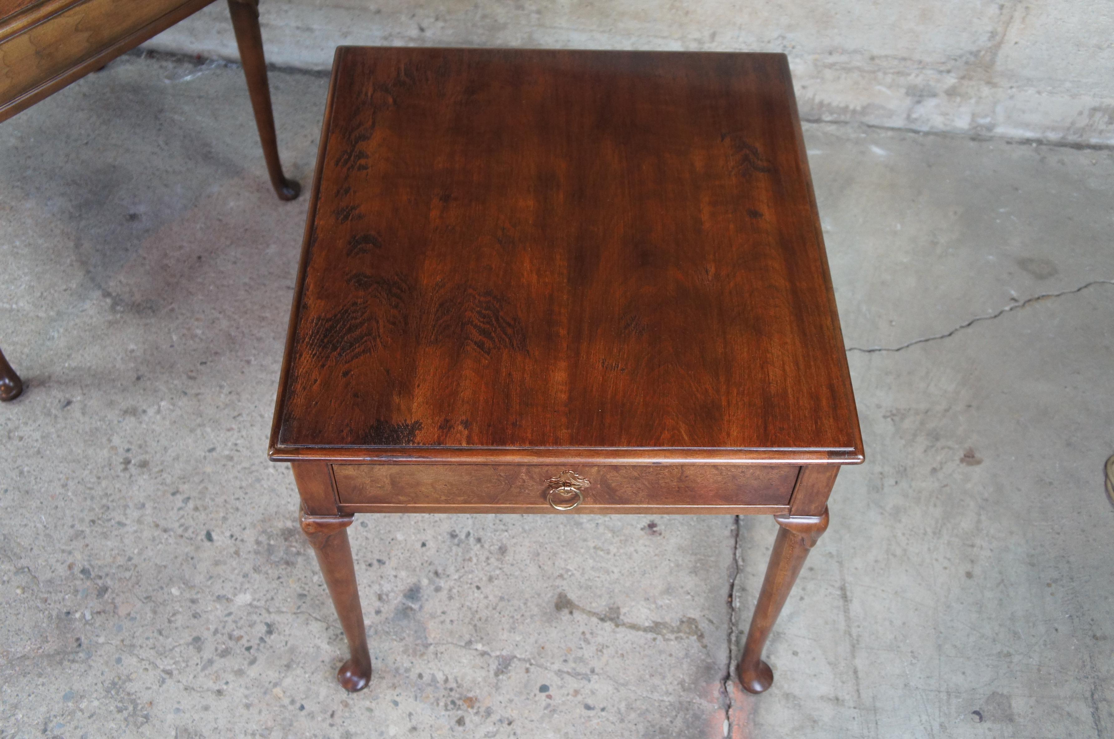 Brass Baker Furniture Queen Anne Burled Walnut Side Tables Nightstands Pair Vintage