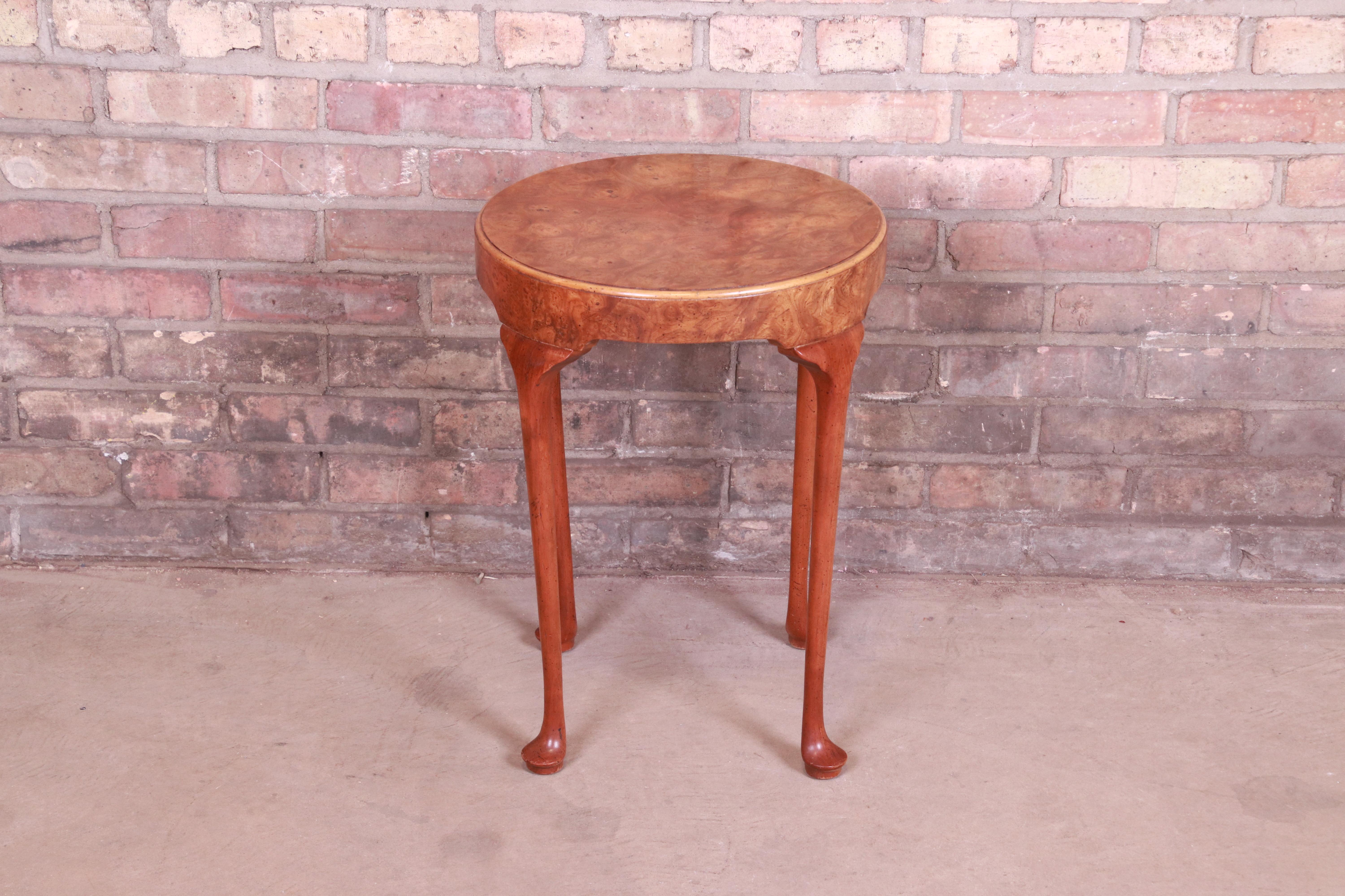 American Baker Furniture Queen Anne Burled Walnut Tea Table or Occasional Side Table