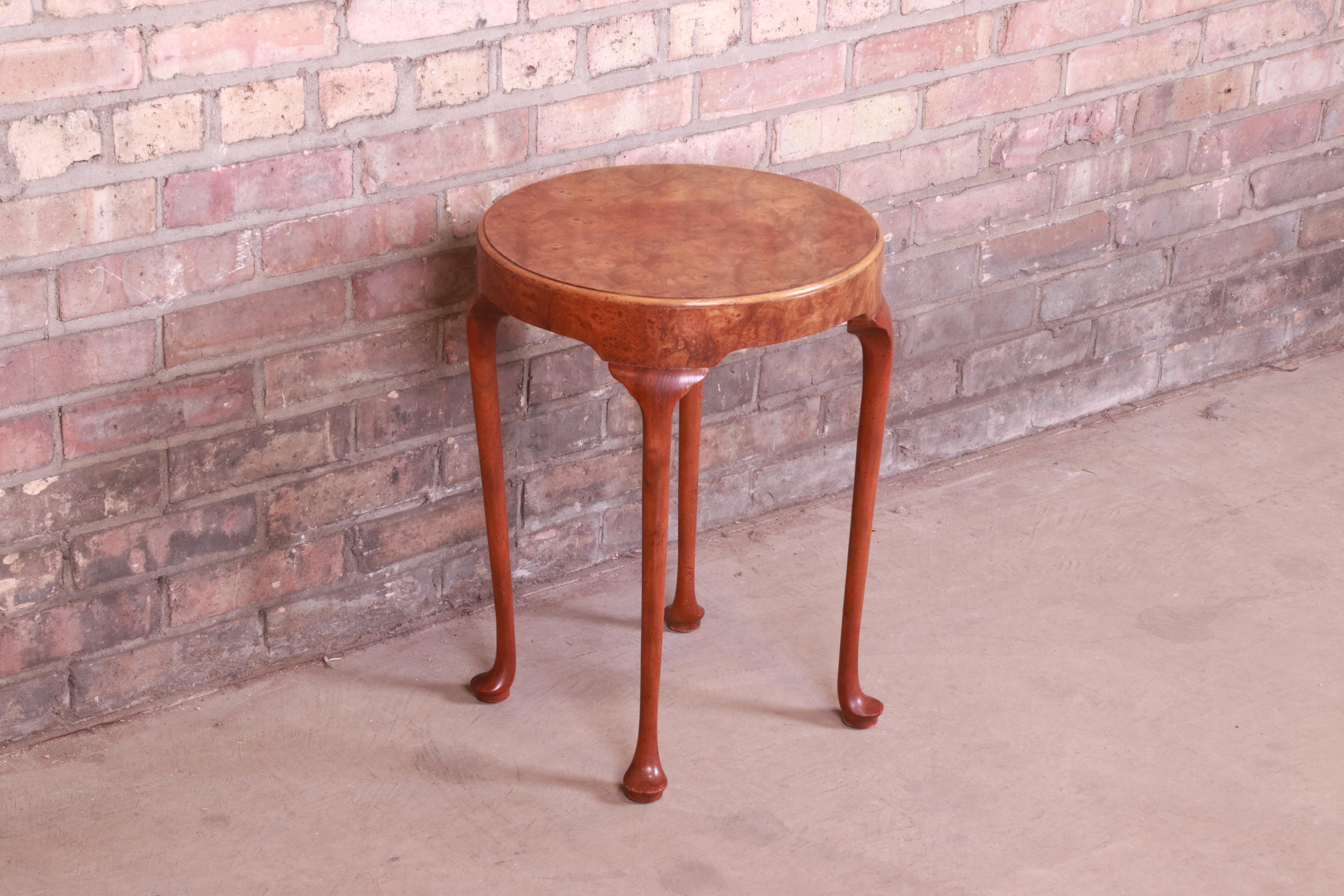 20th Century Baker Furniture Queen Anne Burled Walnut Tea Table or Occasional Side Table