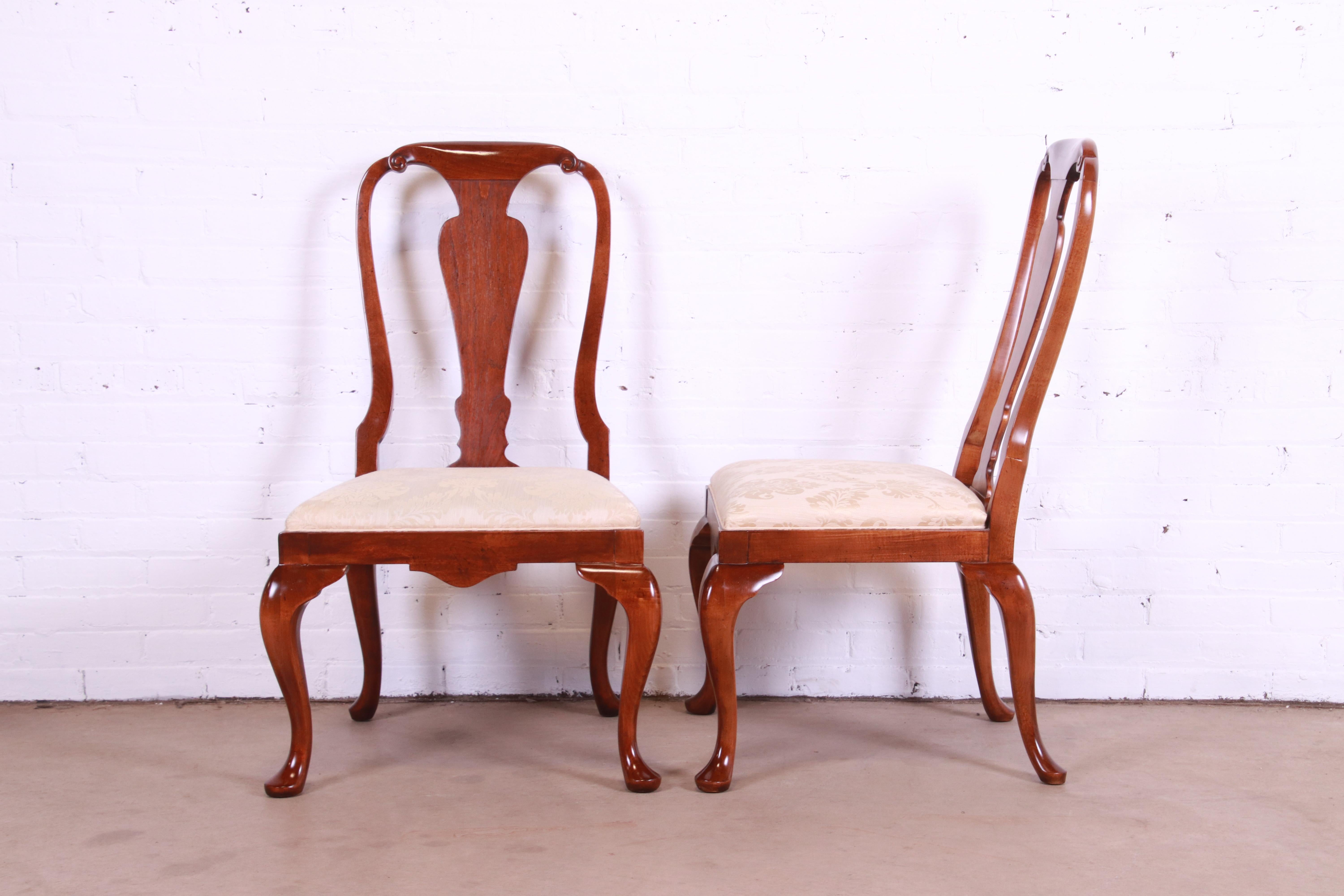 Upholstery Baker Furniture Queen Anne Carved Mahogany Dining Chairs, Set of Six For Sale