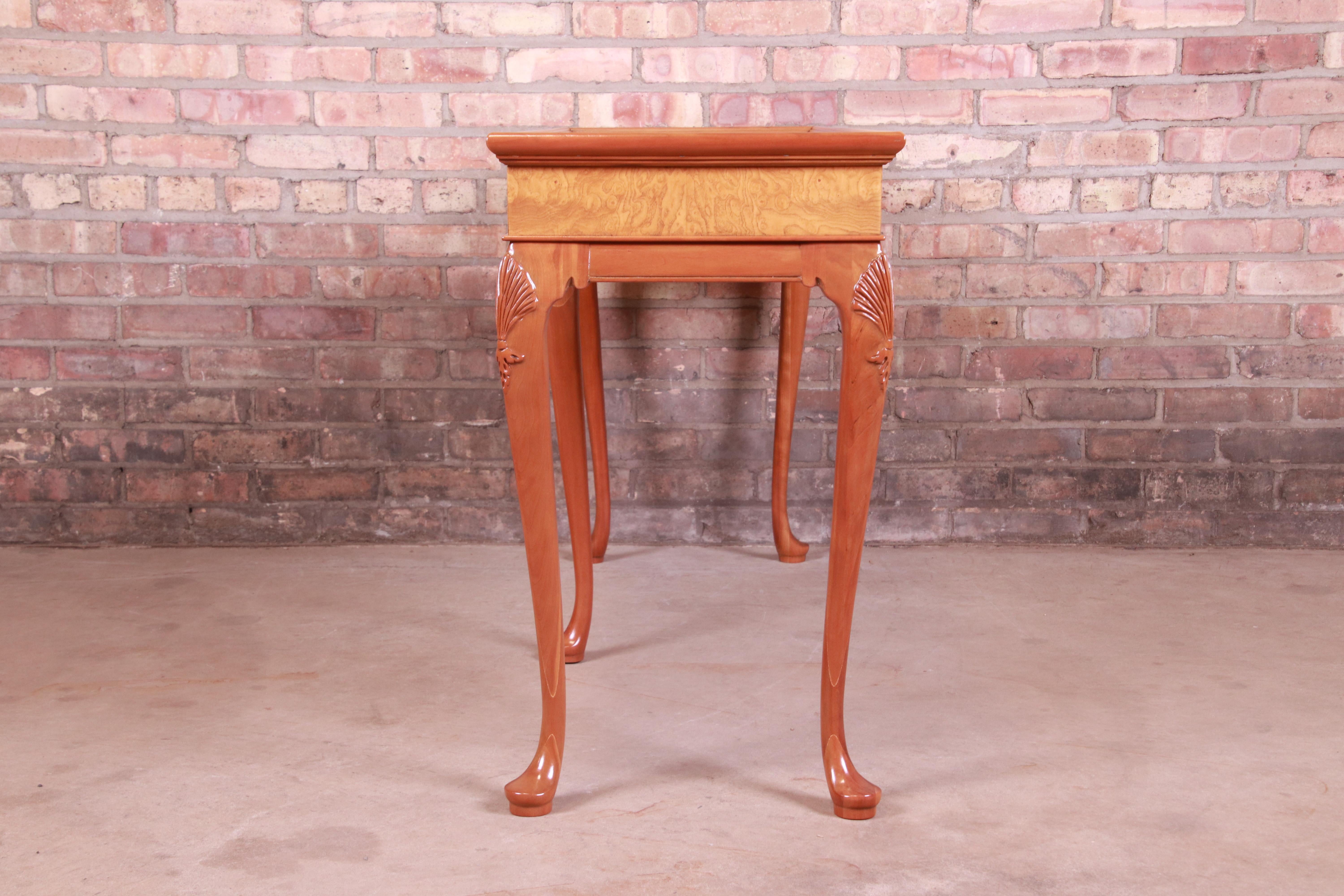 Baker Furniture Queen Anne Cherry and Burl Wood Console Table, Newly Refinished For Sale 1