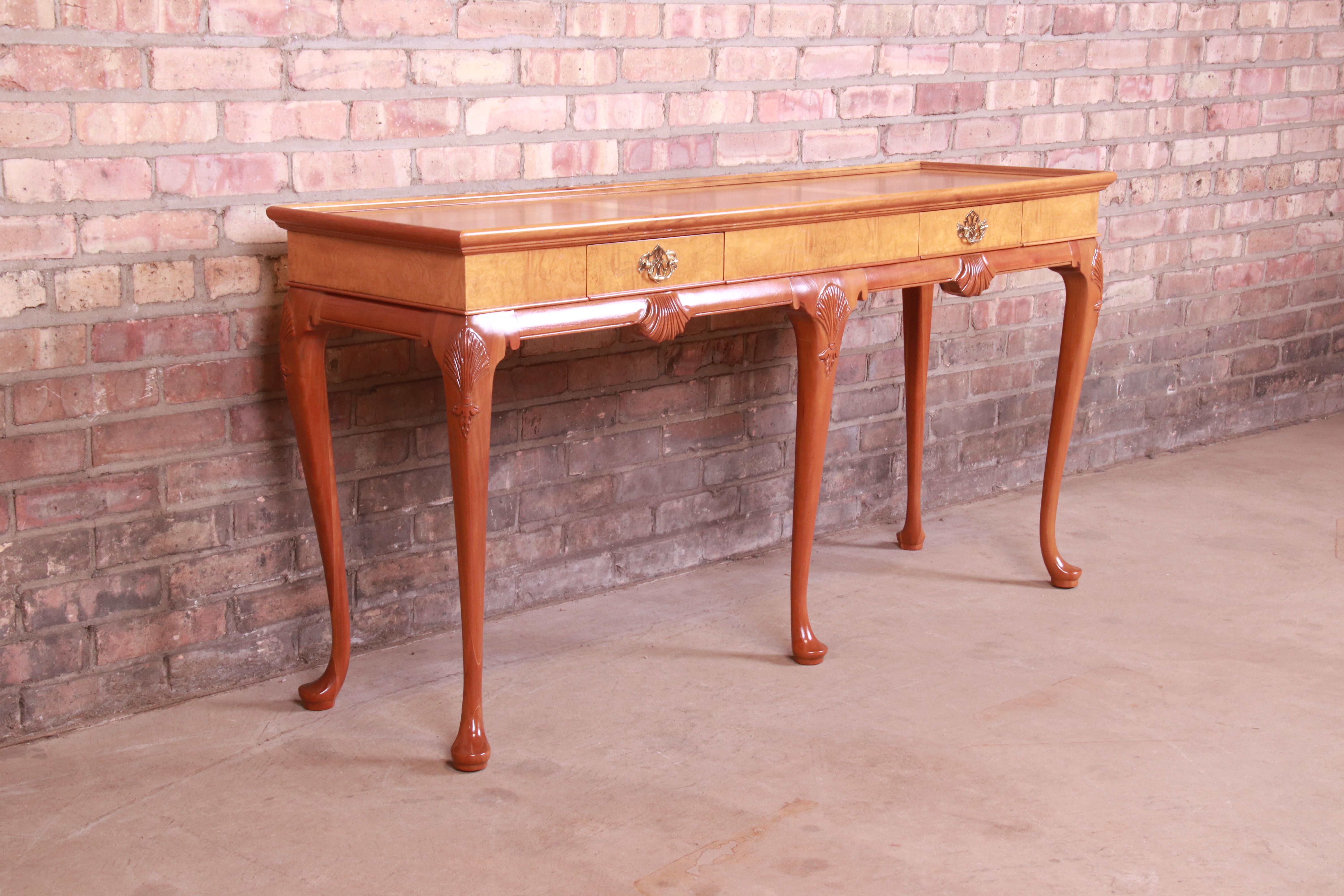 American Baker Furniture Queen Anne Cherry and Burl Wood Console Table, Newly Refinished For Sale