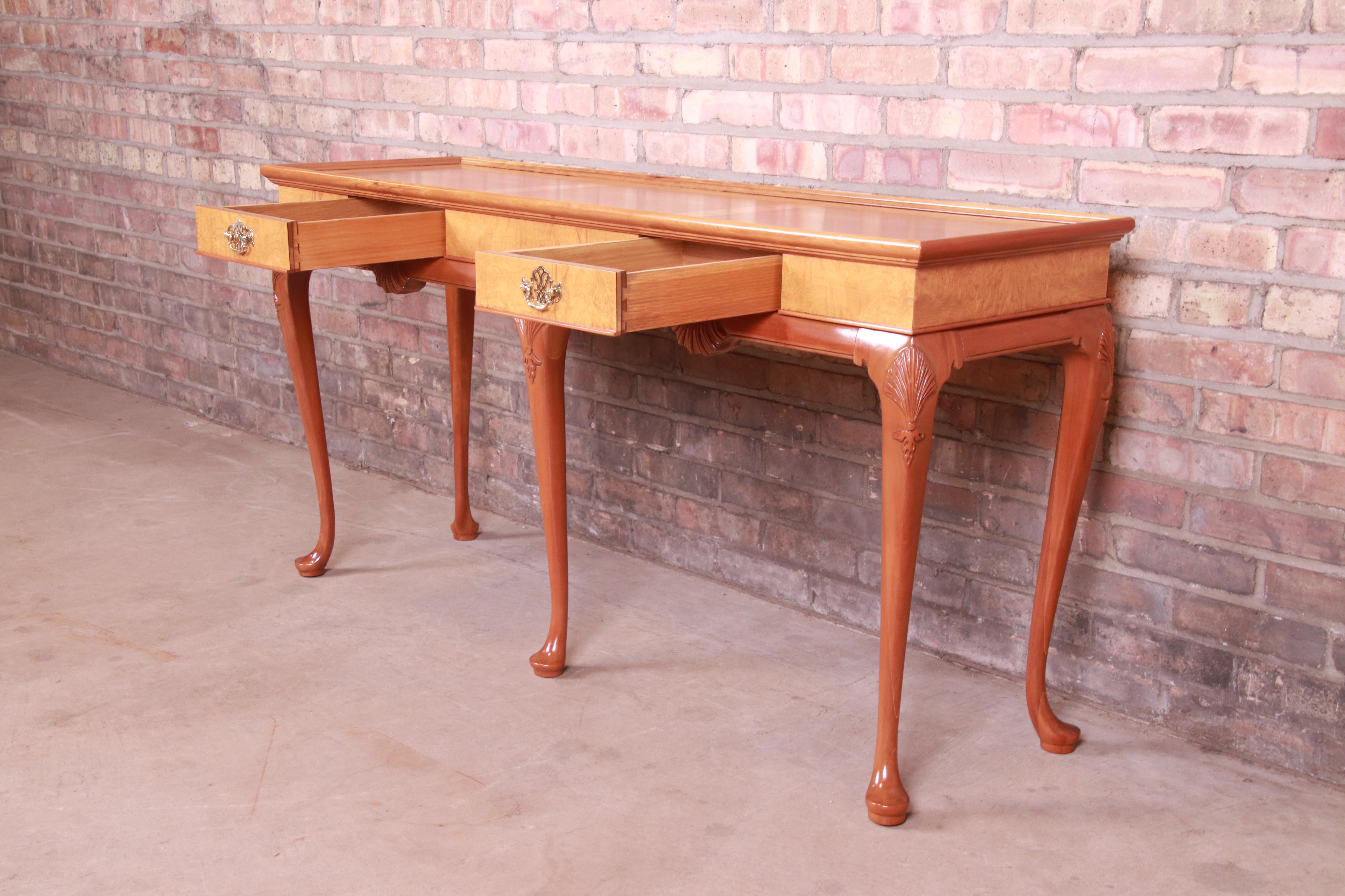 20th Century Baker Furniture Queen Anne Cherry and Burl Wood Console Table, Newly Refinished For Sale