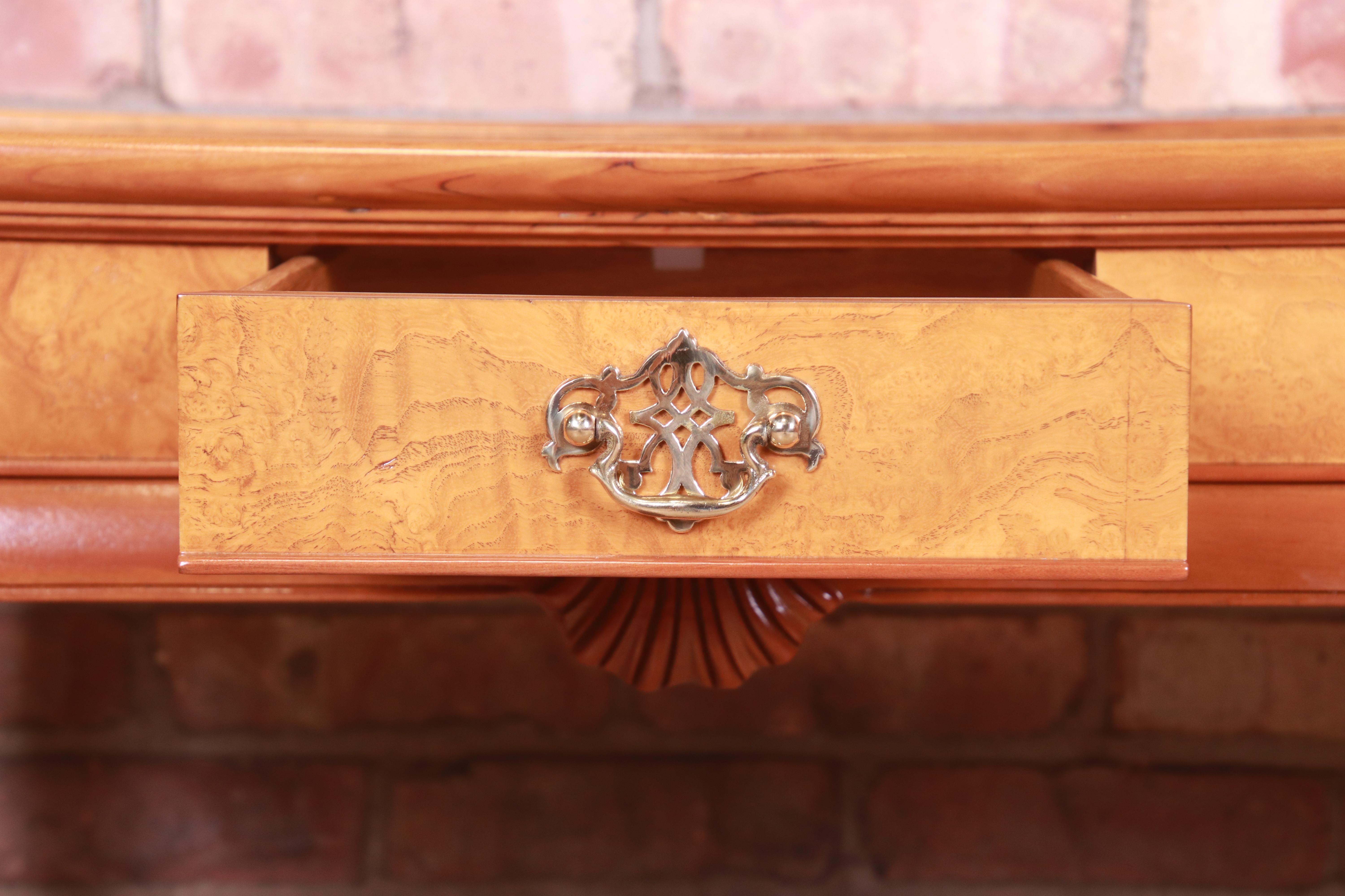 Brass Baker Furniture Queen Anne Cherry and Burl Wood Console Table, Newly Refinished For Sale