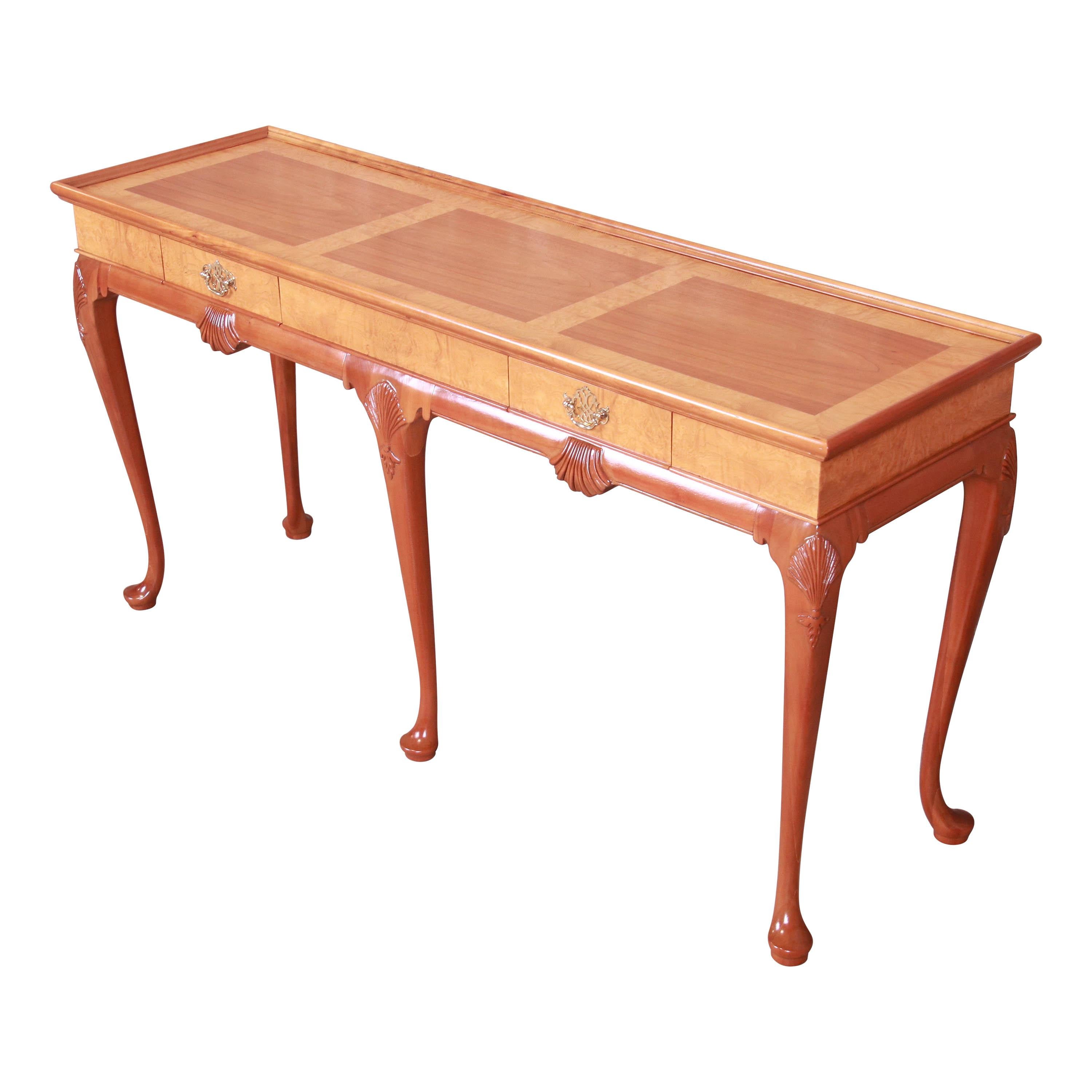 Baker Furniture Queen Anne Cherry and Burl Wood Console Table, Newly Refinished