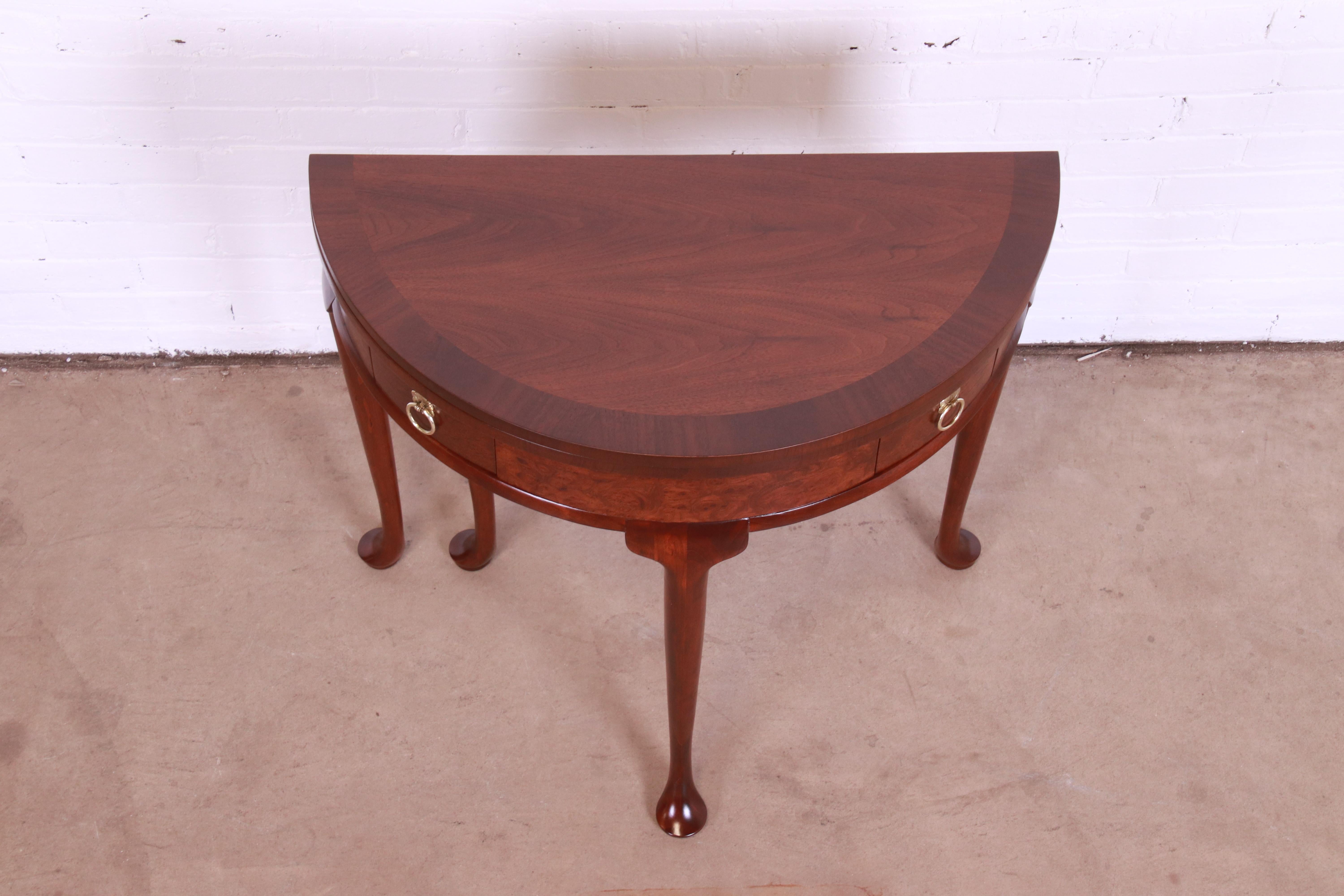 Baker Furniture Queen Anne Mahogany and Burl Flip Top Demilune Console Table In Good Condition In South Bend, IN