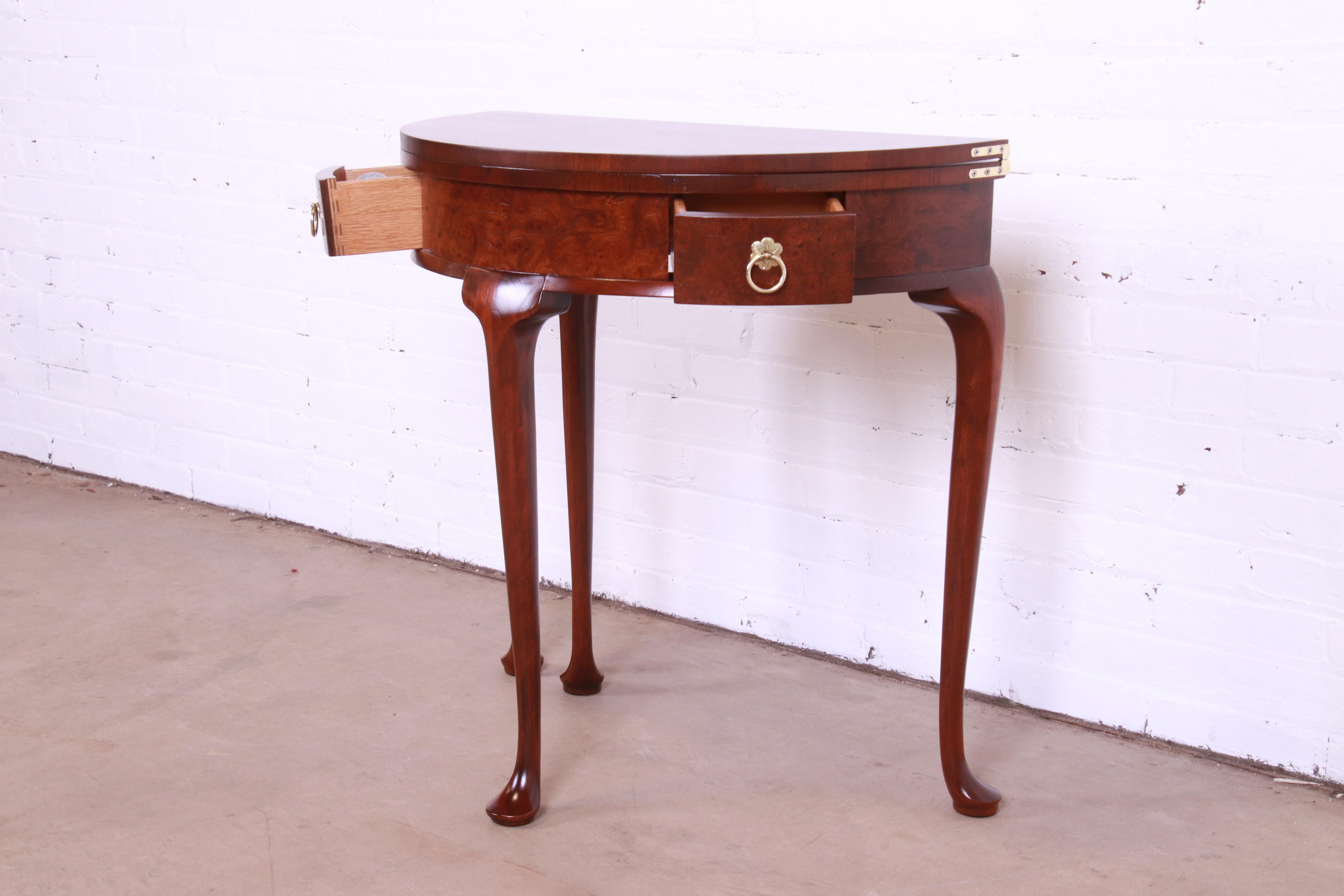 Brass Baker Furniture Queen Anne Mahogany and Burl Flip Top Demilune Console Table