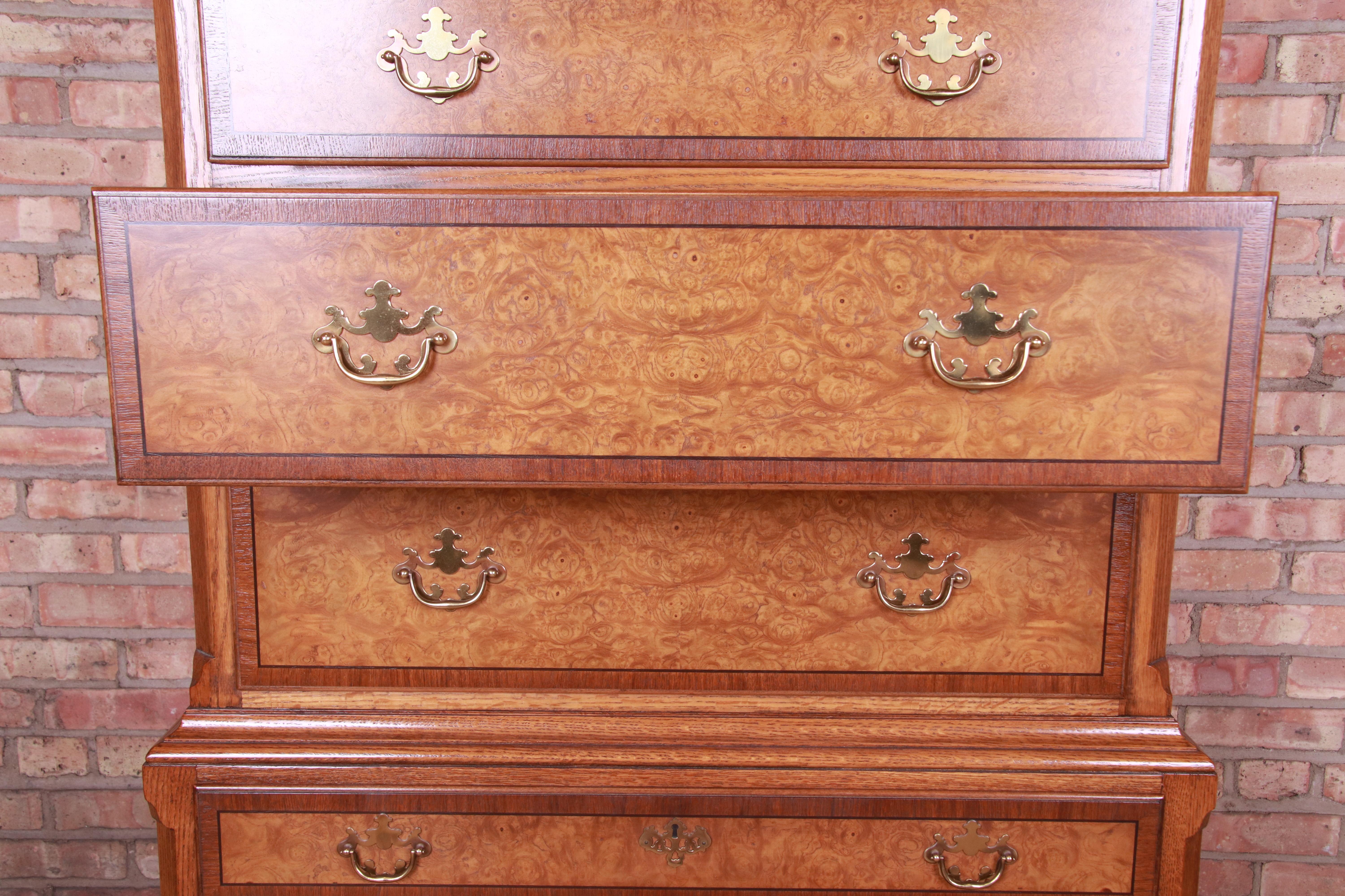 Baker Furniture Queen Anne Oak and Burl Wood Highboy Dresser Chest 1