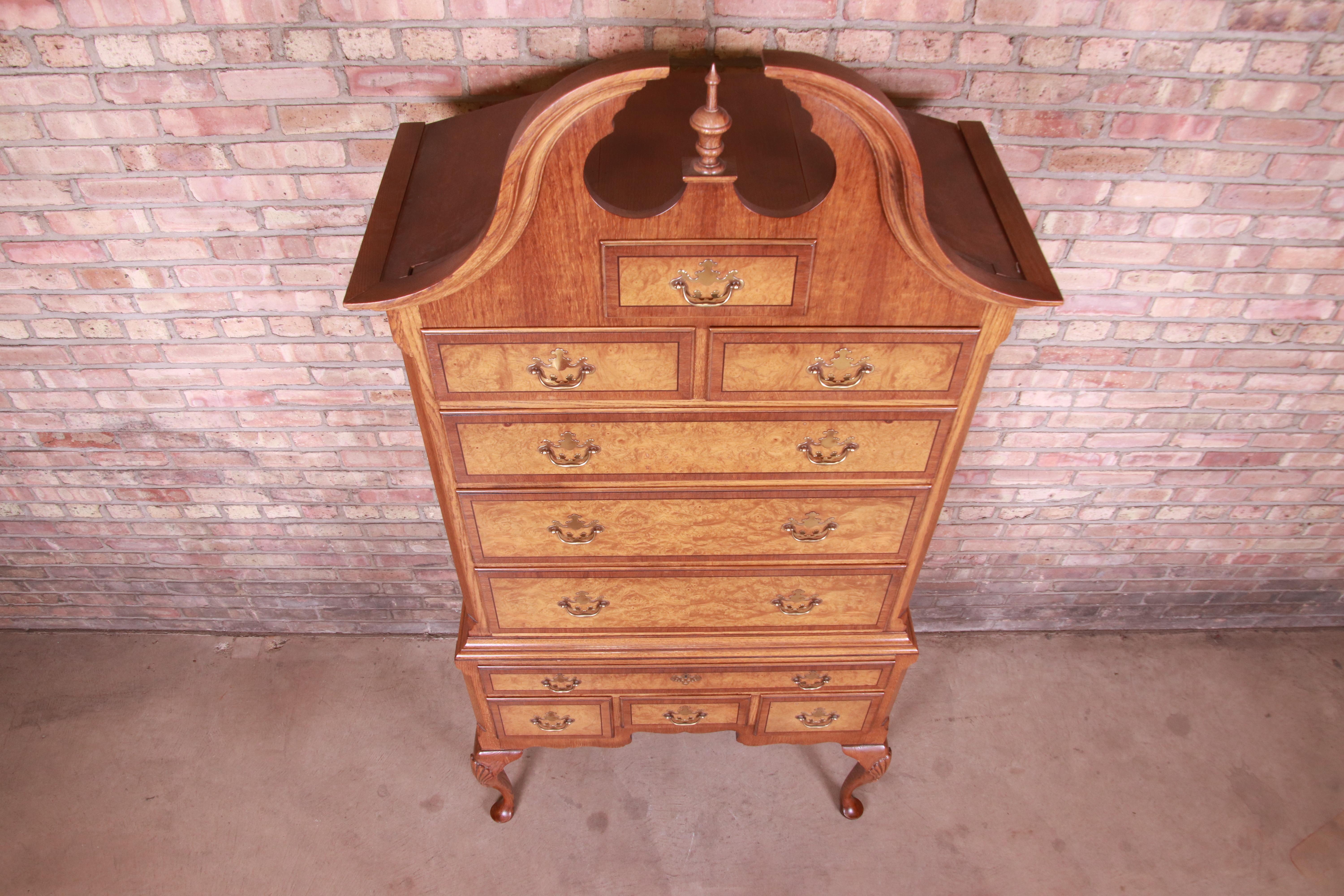 Baker Furniture Queen Anne Oak and Burl Wood Highboy Dresser Chest 7