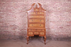 Baker Furniture Queen Anne Oak and Burl Wood Highboy Dresser Chest