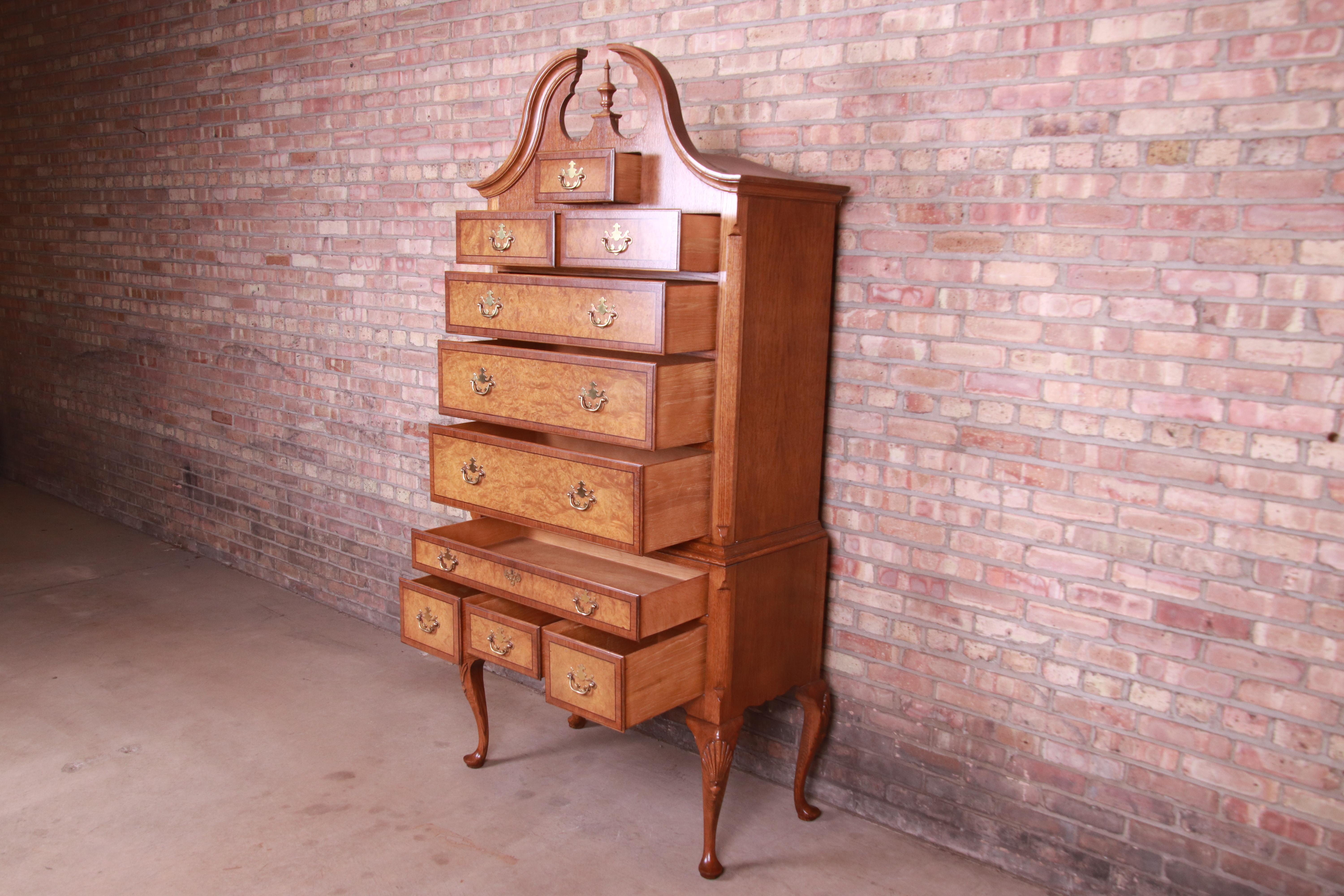 American Baker Furniture Queen Anne Oak and Burl Wood Highboy Dresser Chest