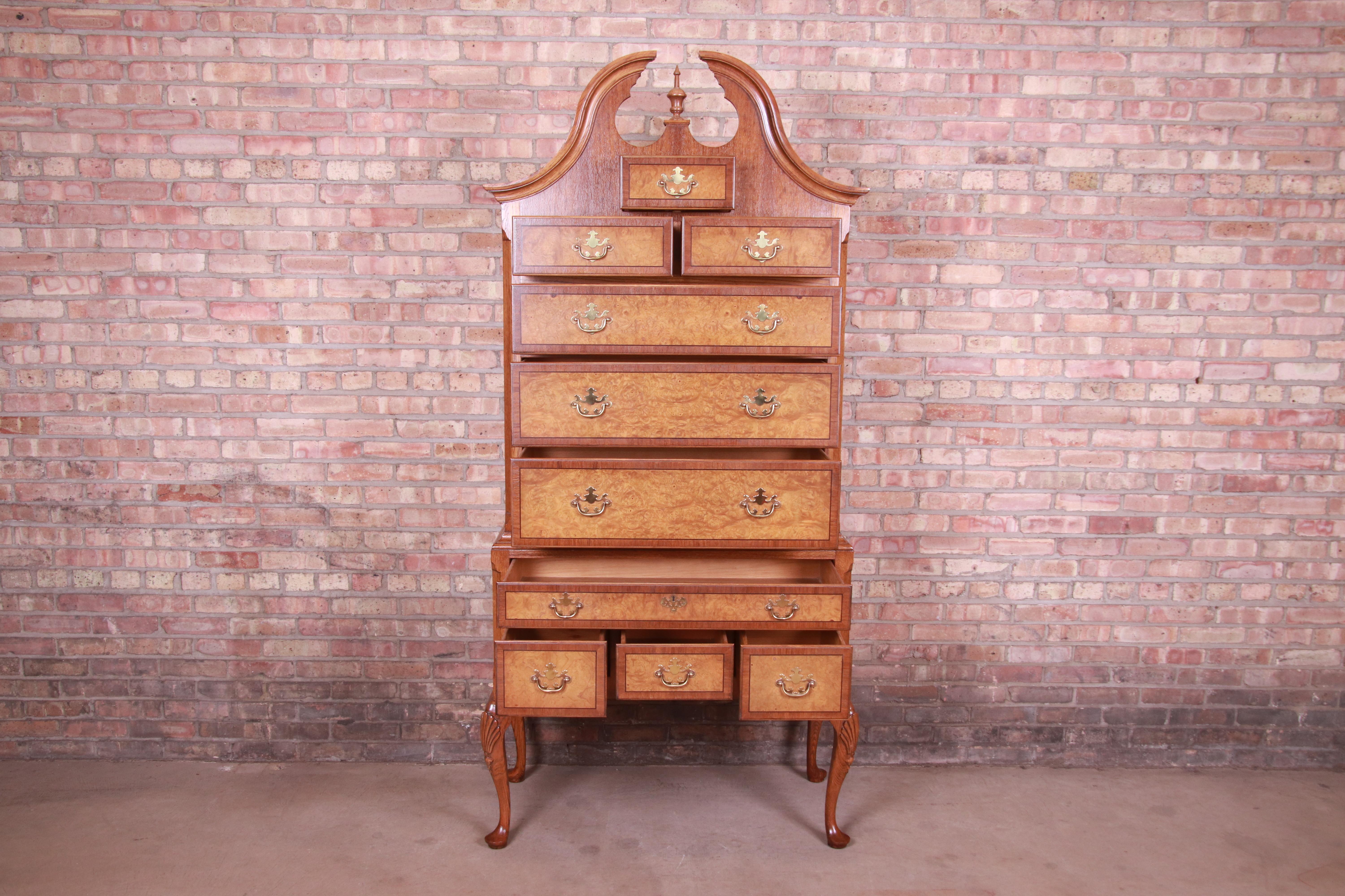 Baker Furniture Queen Anne Oak and Burl Wood Highboy Dresser Chest In Good Condition In South Bend, IN